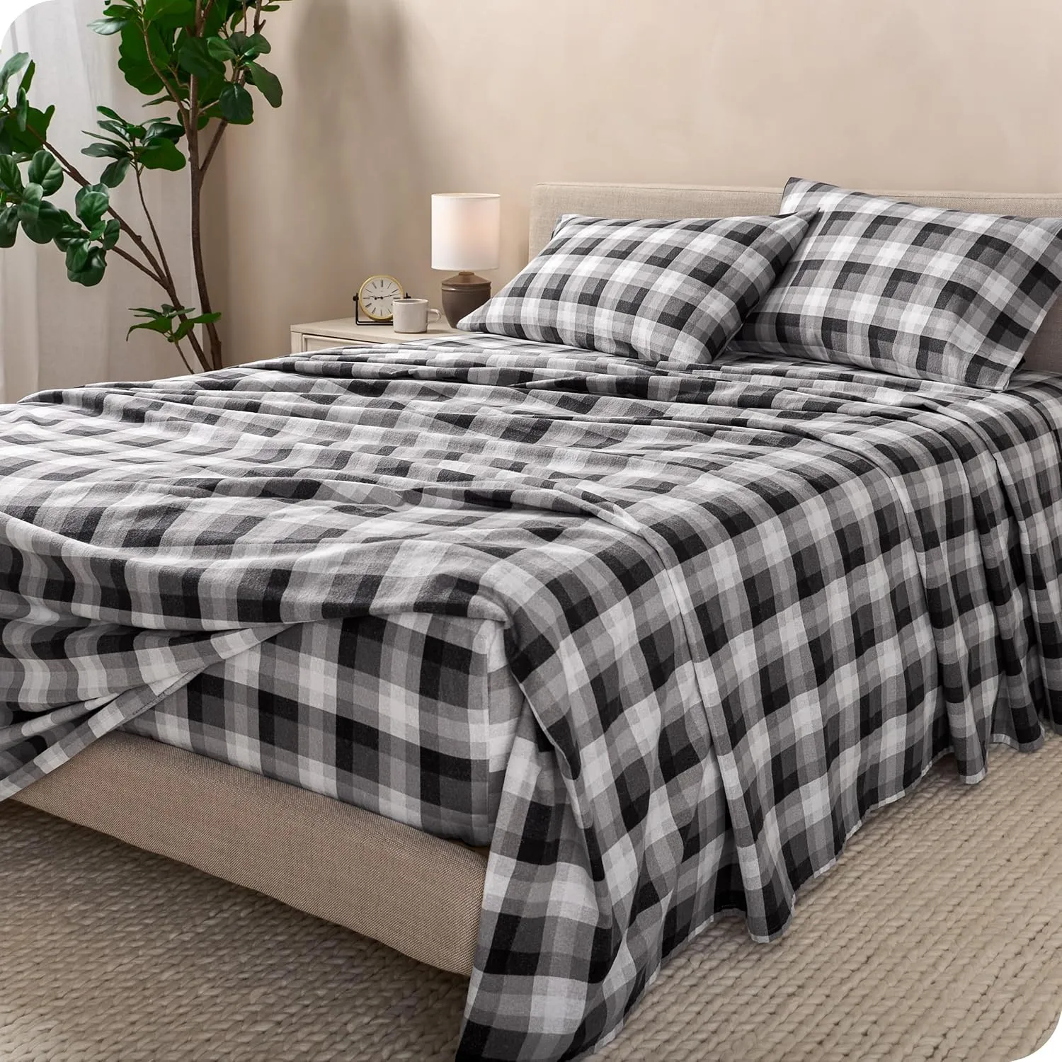 Bare Home Flannel Sheet Set Prints, 100% Cotton, Velvety Soft Heavyweight - Double Brushed for Softness & Comfort - Deep Pocket - Bed Sheets (Queen, Oliver Plaid - Grey)