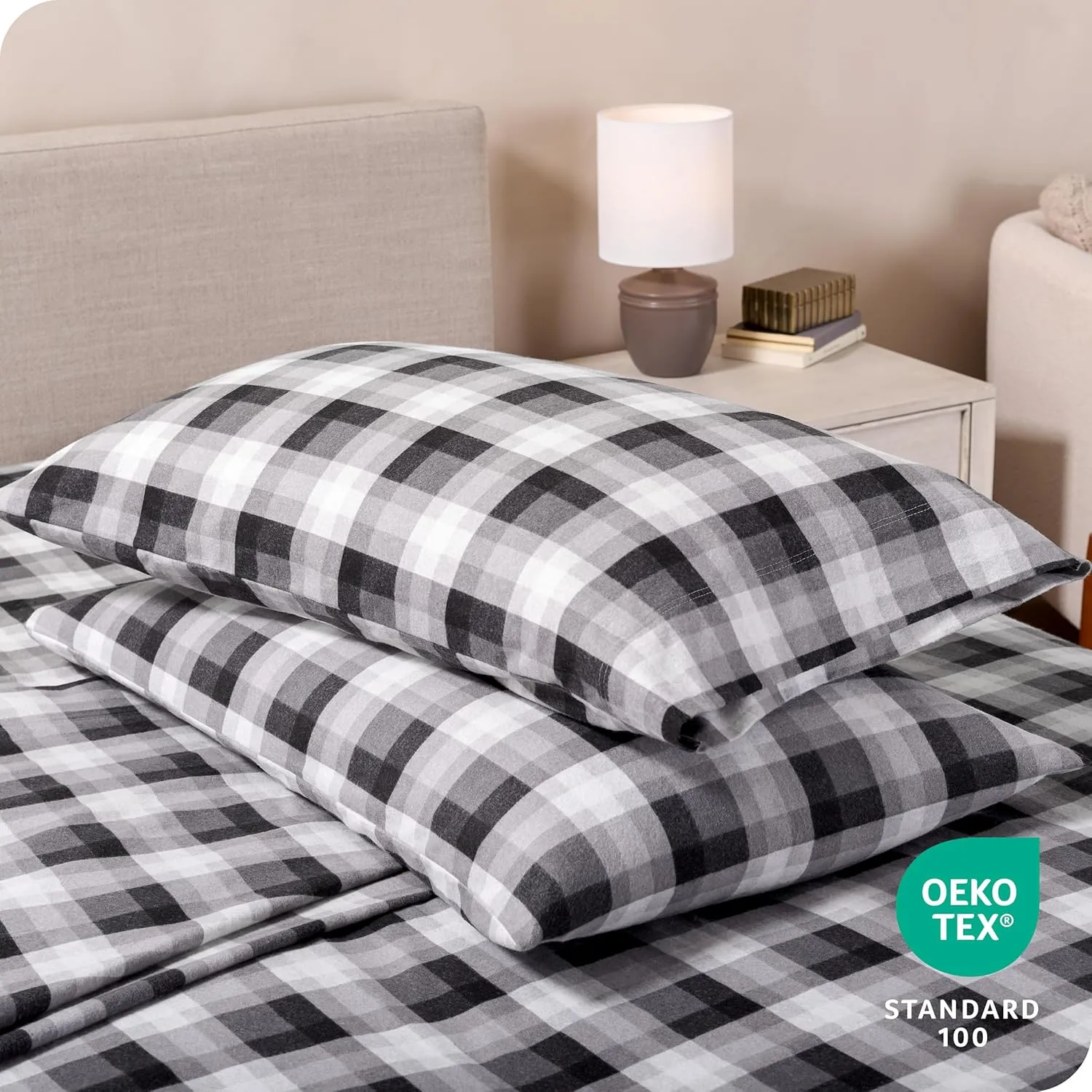 Bare Home Flannel Sheet Set Prints, 100% Cotton, Velvety Soft Heavyweight - Double Brushed for Softness & Comfort - Deep Pocket - Bed Sheets (Queen, Oliver Plaid - Grey)
