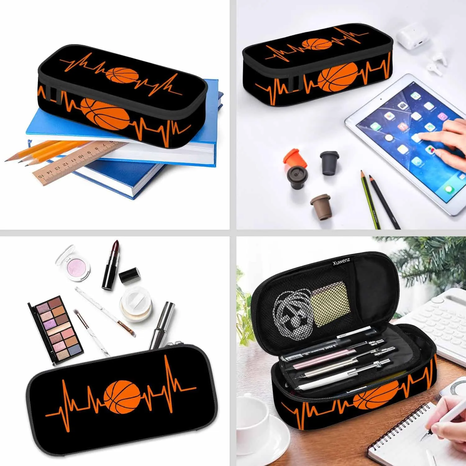 Basketball Pencil Holder Bag Heartbeat Sport Orange Black Pencil Case College Office Organizer for Teens School Students Boy Girl