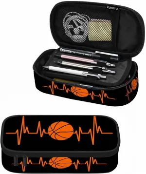 Basketball Pencil Holder Bag Heartbeat Sport Orange Black Pencil Case College Office Organizer for Teens School Students Boy Girl