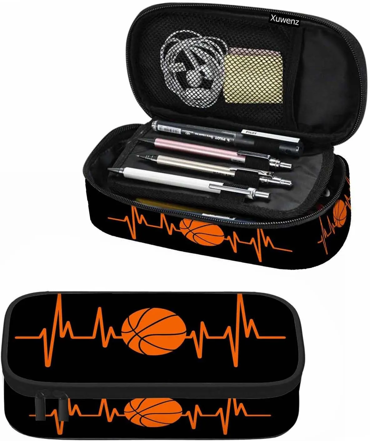 Basketball Pencil Holder Bag Heartbeat Sport Orange Black Pencil Case College Office Organizer for Teens School Students Boy Girl