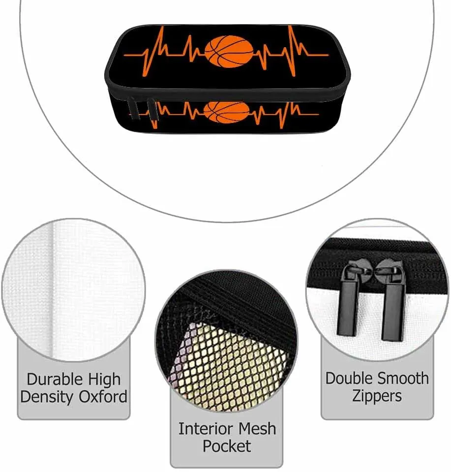 Basketball Pencil Holder Bag Heartbeat Sport Orange Black Pencil Case College Office Organizer for Teens School Students Boy Girl
