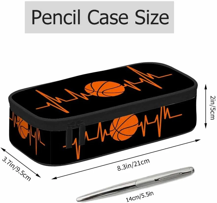 Basketball Pencil Holder Bag Heartbeat Sport Orange Black Pencil Case College Office Organizer for Teens School Students Boy Girl