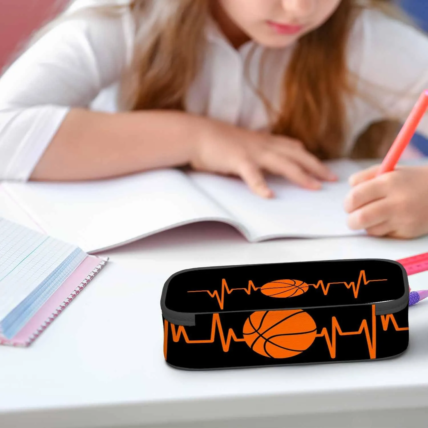 Basketball Pencil Holder Bag Heartbeat Sport Orange Black Pencil Case College Office Organizer for Teens School Students Boy Girl