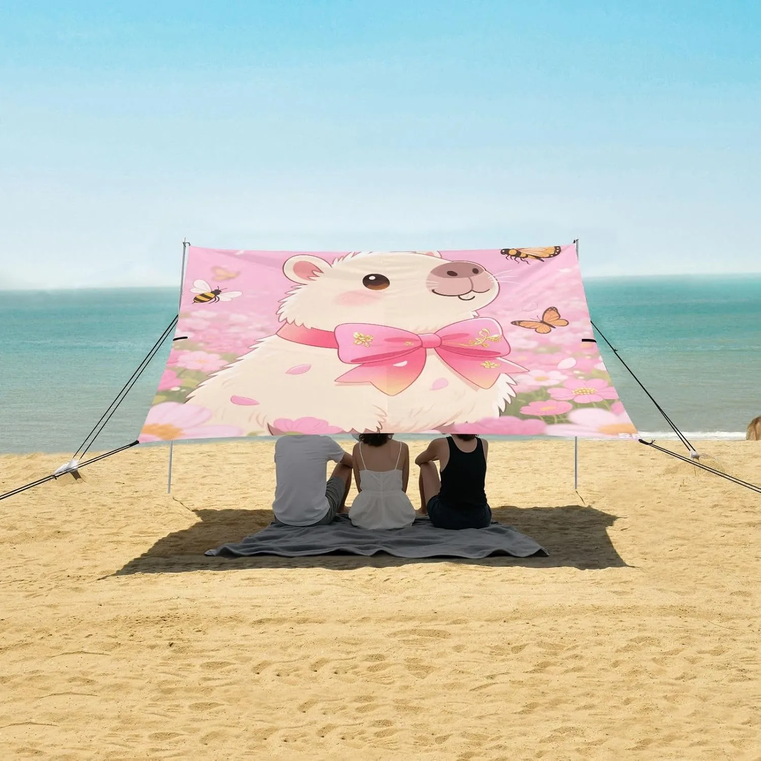 Beach Shade Tent with UPF50  UV Protection,Capybara Summer Floral Lightweight Camping Sun Shelter for Outdoor,Camping Trips, Fishing, Backyard,Picnics,Easy Set Up and Carry 9x10.5 FT