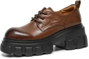BEAU TODAY Platform Oxfords for Women, Oxford Shoes for Women,Chunky Cow Leather Lace up Dress Shoes,Fashion Casual Comfort Brethable Ladies Handmade Oxford Shoes
