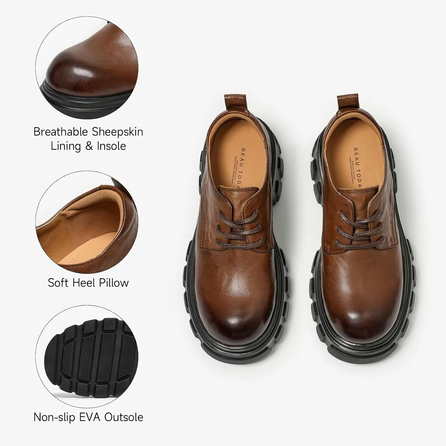 BEAU TODAY Platform Oxfords for Women, Oxford Shoes for Women,Chunky Cow Leather Lace up Dress Shoes,Fashion Casual Comfort Brethable Ladies Handmade Oxford Shoes