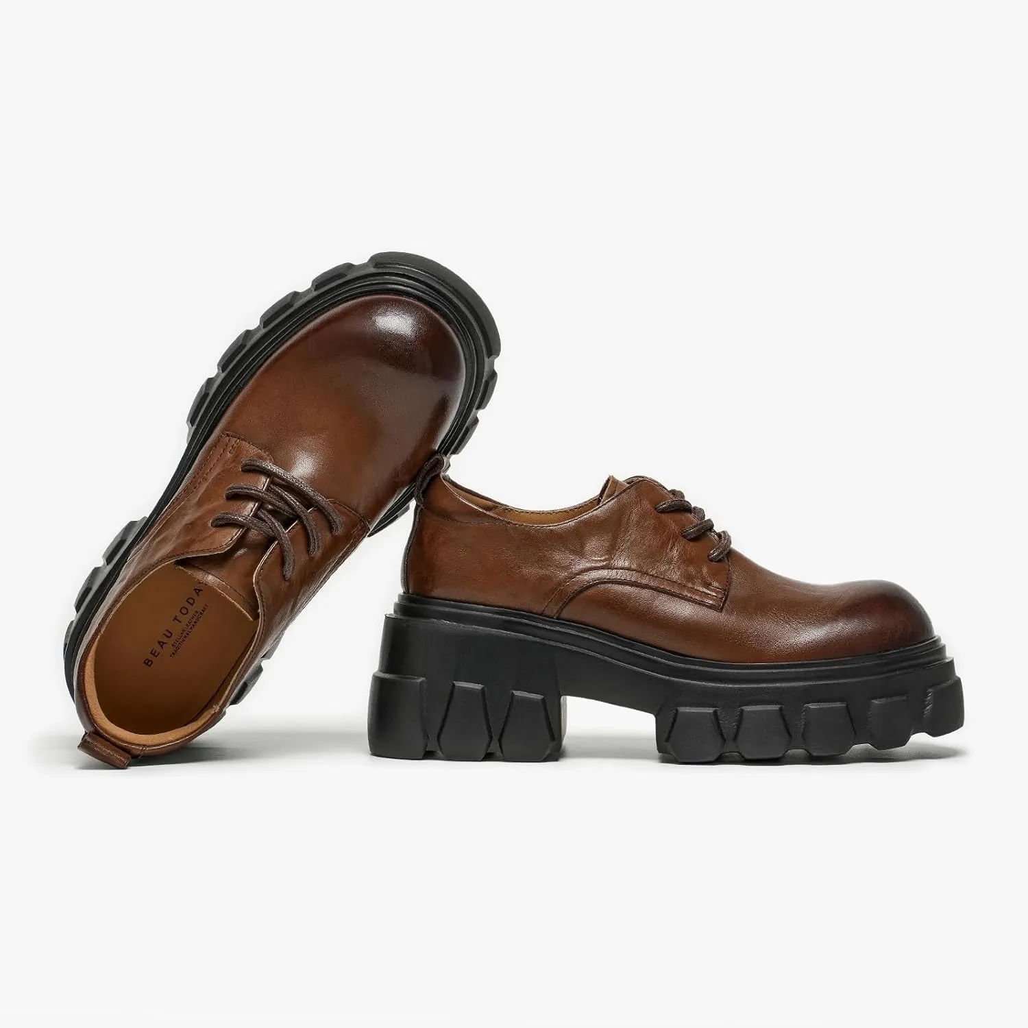 BEAU TODAY Platform Oxfords for Women, Oxford Shoes for Women,Chunky Cow Leather Lace up Dress Shoes,Fashion Casual Comfort Brethable Ladies Handmade Oxford Shoes