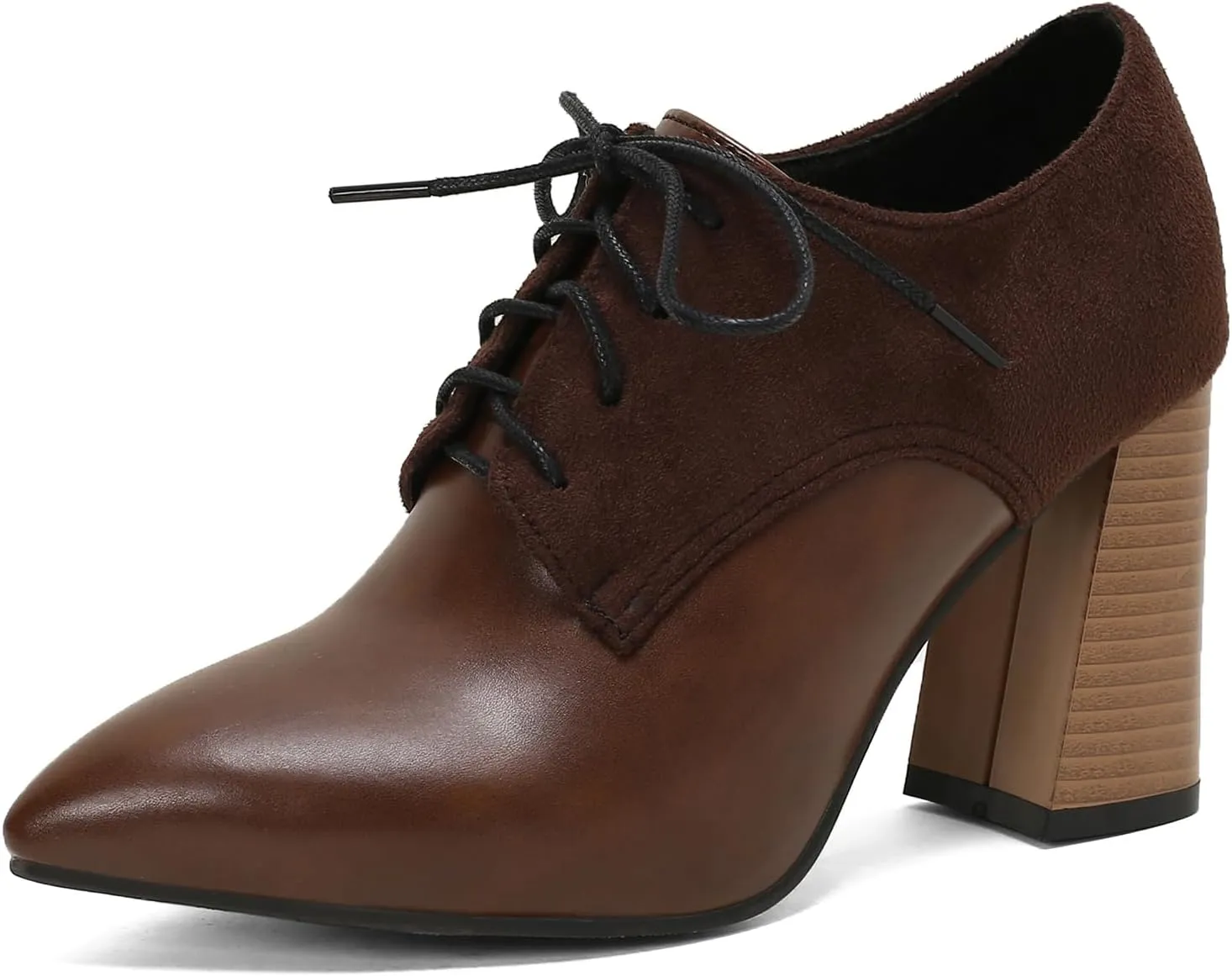 BEAUPAS Women's Lace Up Heeled Oxford Pointed Toe Chunky High Heels Pumps Block Heel Closed Toe Vintage Dress Shoes