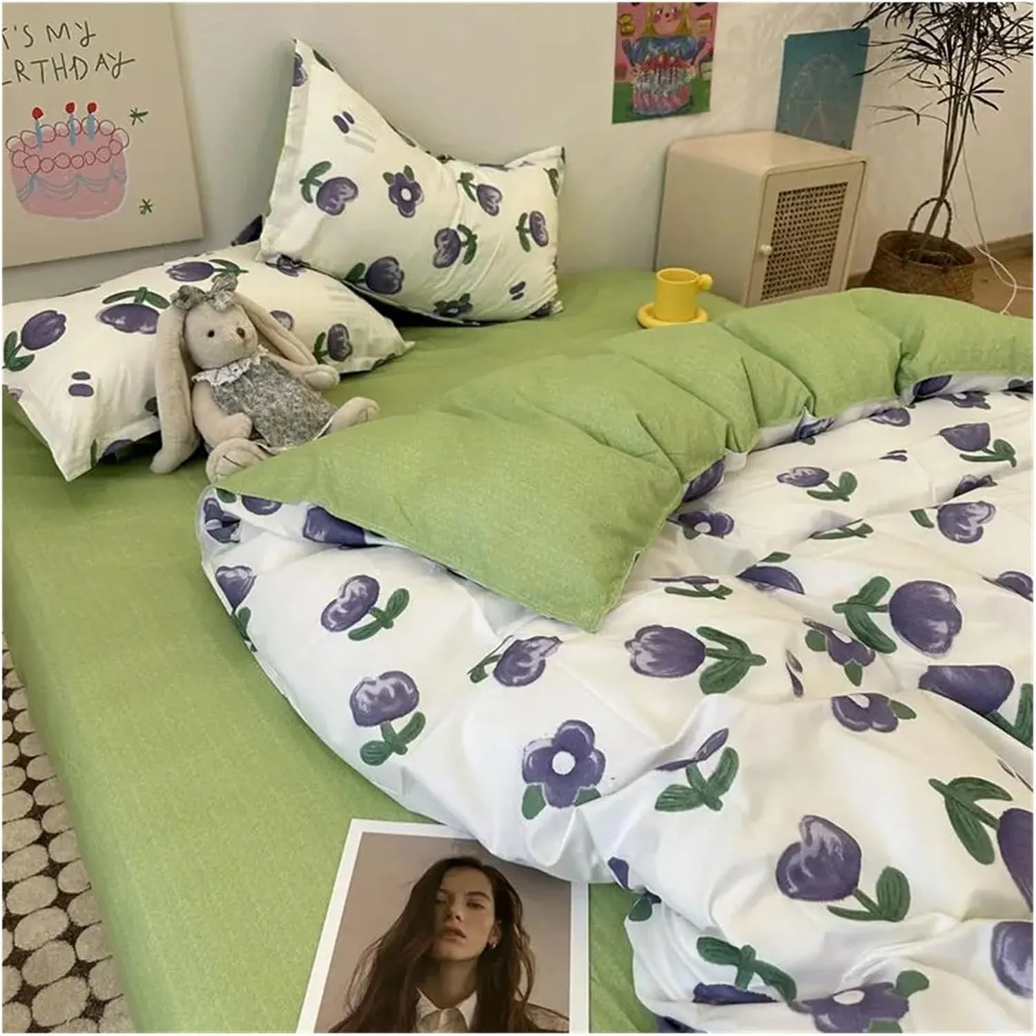 Bed Sheets Set, Romantic Floral Bedding Set Duvet Cover Flat Sheet with Pillowcases Single Queen Full Size Boys Girls Bed Linen(B,Twin 4pcs)