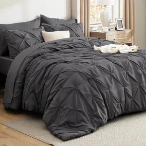 Bedsure Queen Comforter Set Dark Grey - Bed in a Bag Queen Size 7 Pieces, GentleSoft™ Pintuck Bed Set Gift for Family, Pinch Pleat Dark Grey Comforter with Sheets, Pillowcases & Shams