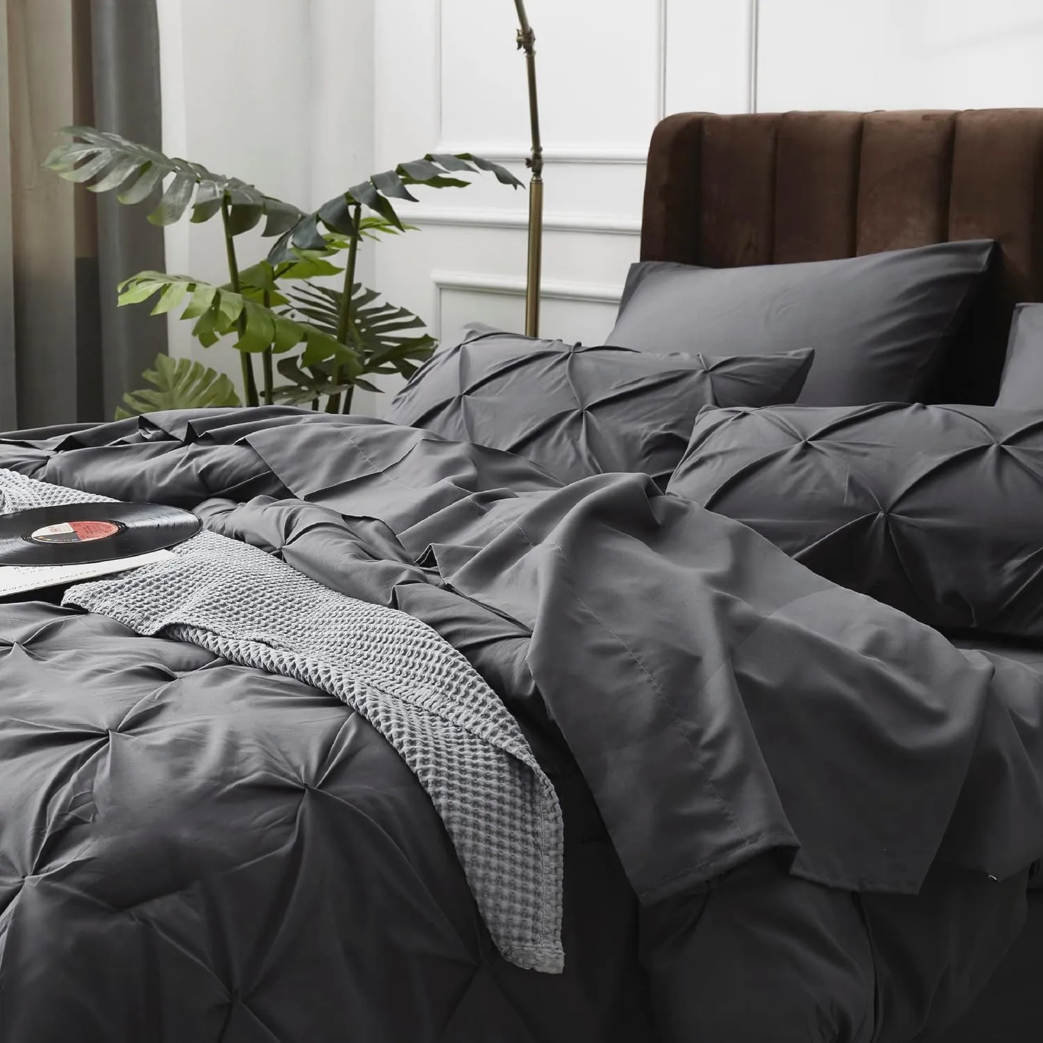 Bedsure Queen Comforter Set Dark Grey - Bed in a Bag Queen Size 7 Pieces, GentleSoft™ Pintuck Bed Set Gift for Family, Pinch Pleat Dark Grey Comforter with Sheets, Pillowcases & Shams