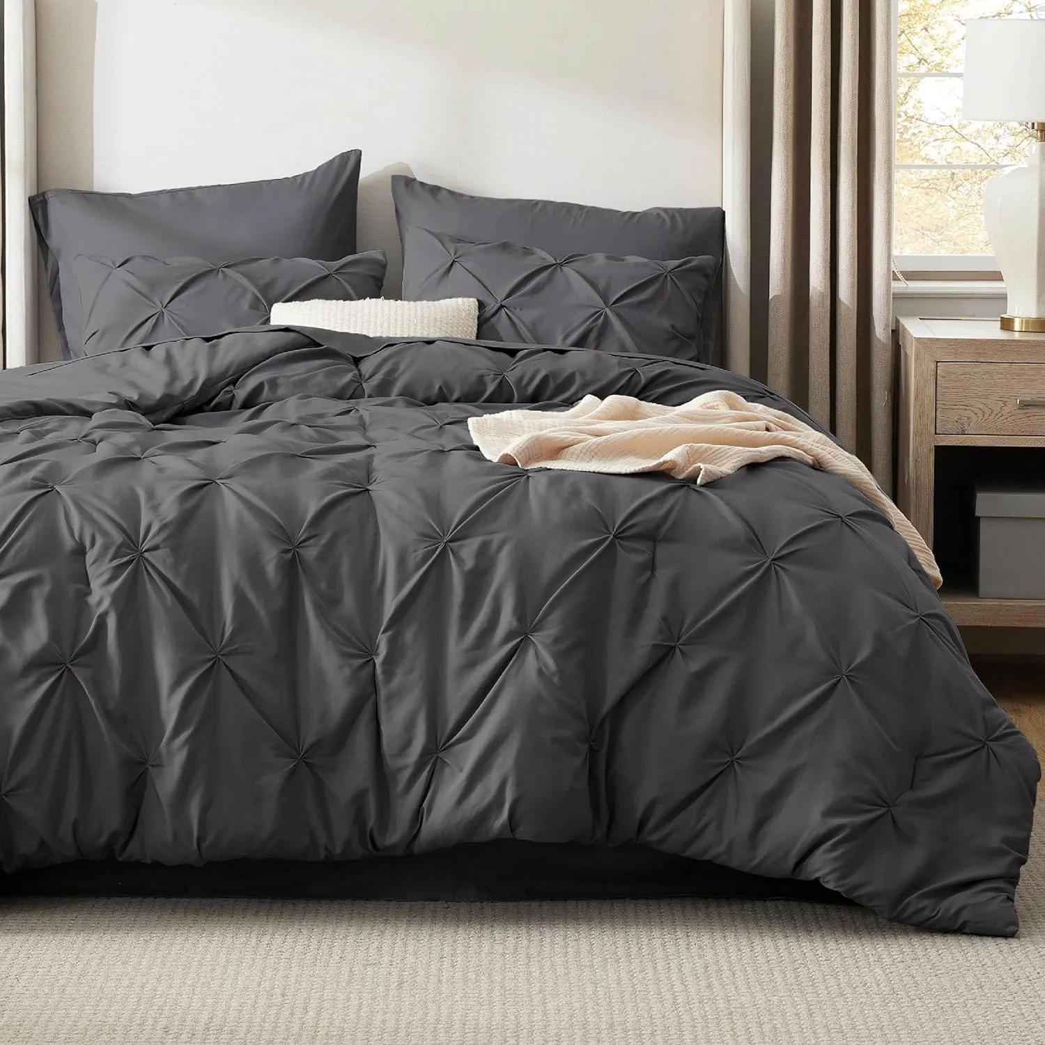 Bedsure Queen Comforter Set Dark Grey - Bed in a Bag Queen Size 7 Pieces, GentleSoft™ Pintuck Bed Set Gift for Family, Pinch Pleat Dark Grey Comforter with Sheets, Pillowcases & Shams