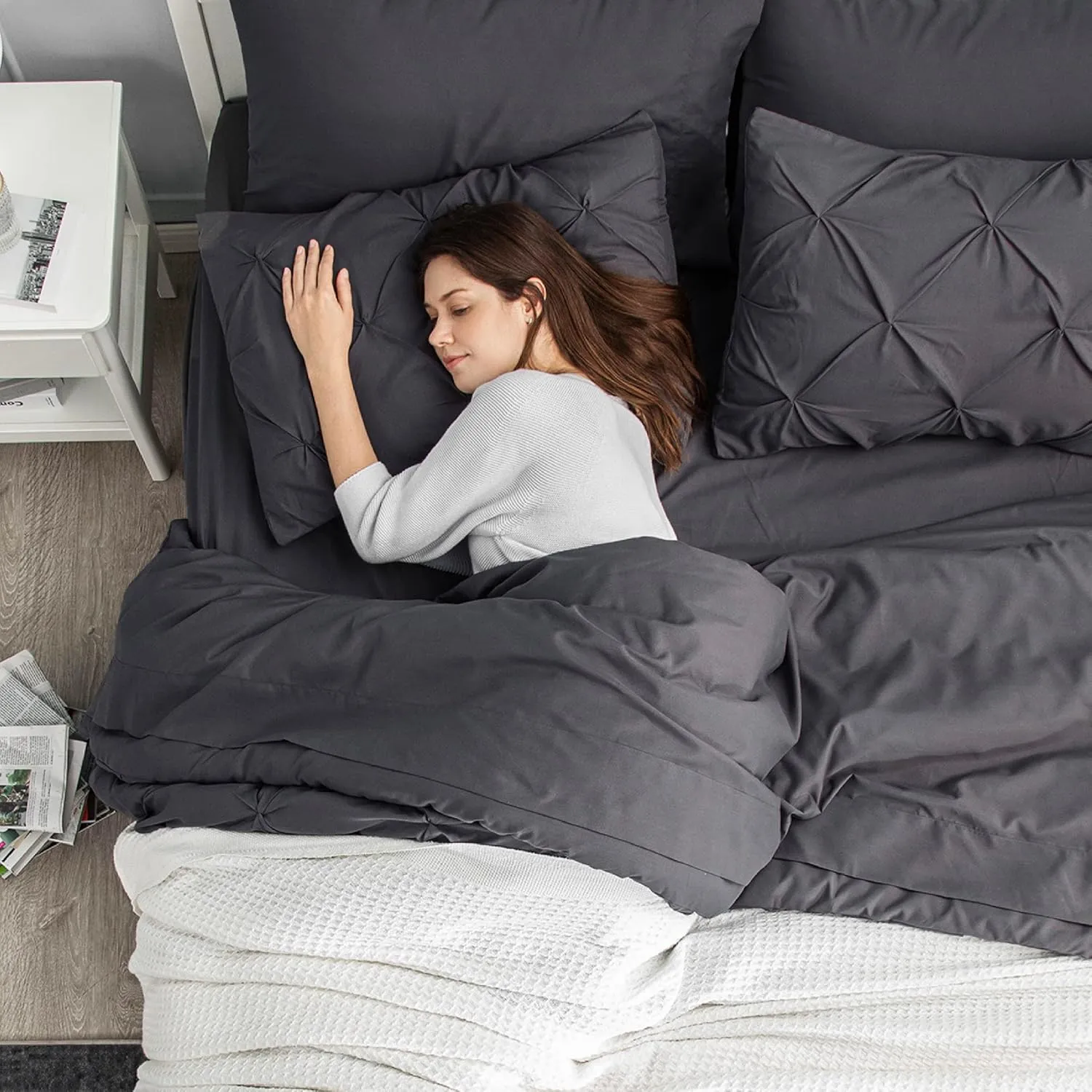 Bedsure Queen Comforter Set Dark Grey - Bed in a Bag Queen Size 7 Pieces, GentleSoft™ Pintuck Bed Set Gift for Family, Pinch Pleat Dark Grey Comforter with Sheets, Pillowcases & Shams