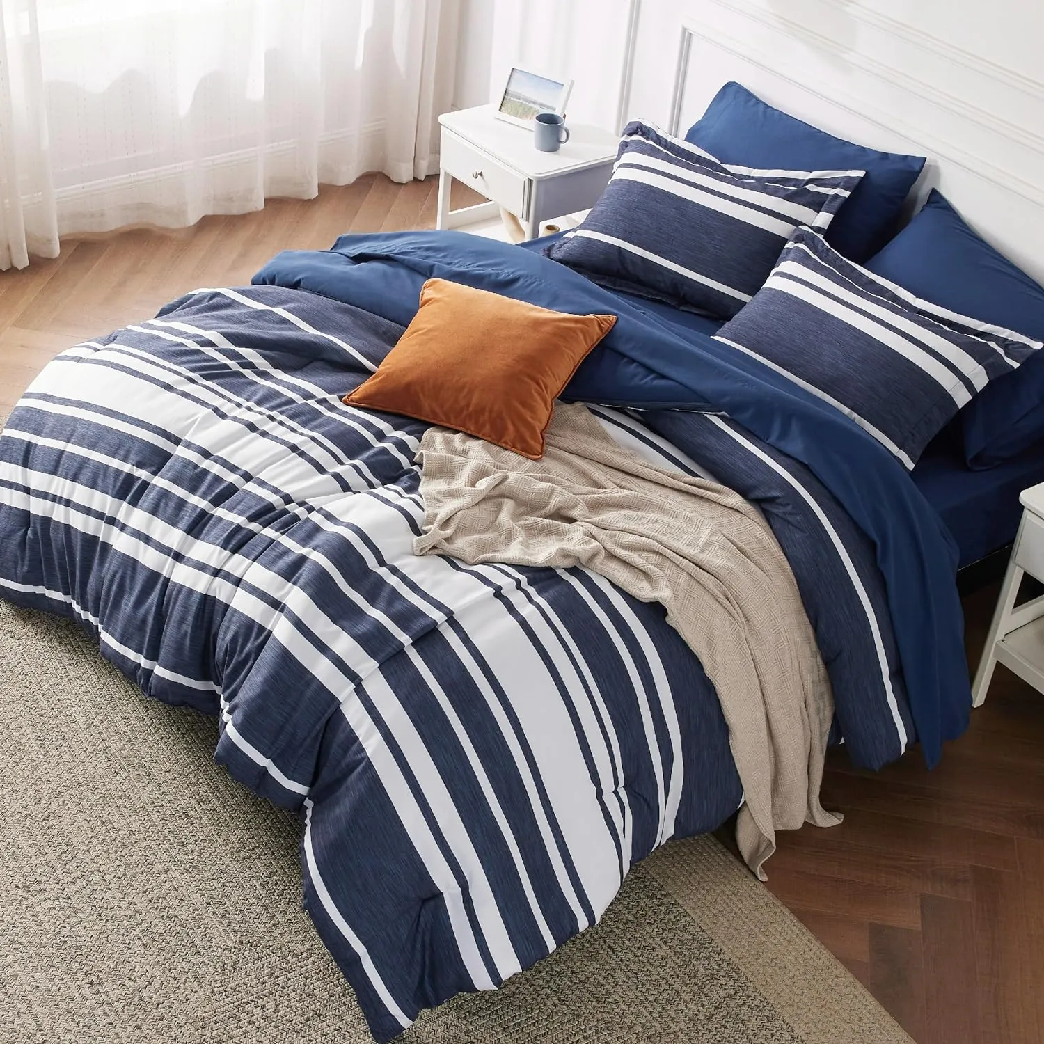 Bedsure Twin XL Comforter Set 5 Pieces, Navy Striped Bedding Set for Twin XL Size Bed Reversible, Cationic Dyeing Bed in a Bag with Comforter, Sheets, Pillowcase & Sham