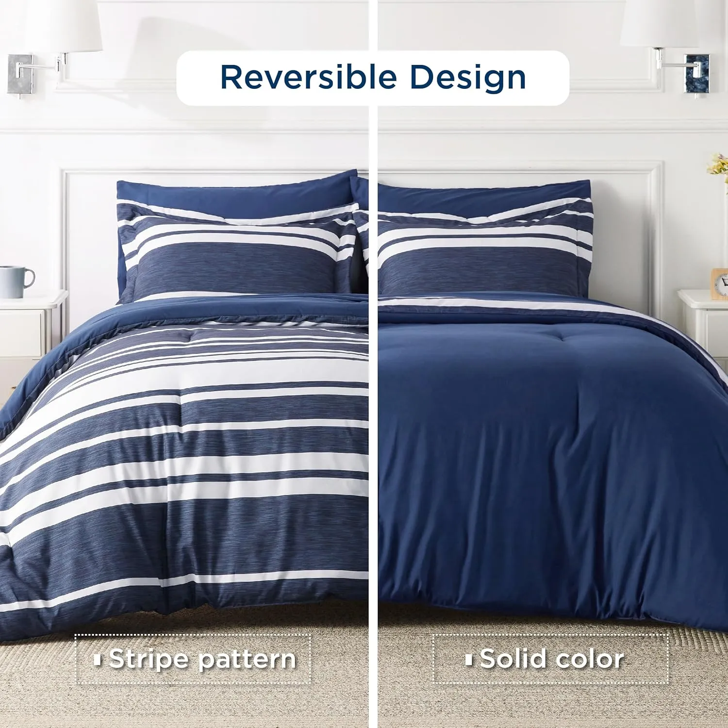 Bedsure Twin XL Comforter Set 5 Pieces, Navy Striped Bedding Set for Twin XL Size Bed Reversible, Cationic Dyeing Bed in a Bag with Comforter, Sheets, Pillowcase & Sham