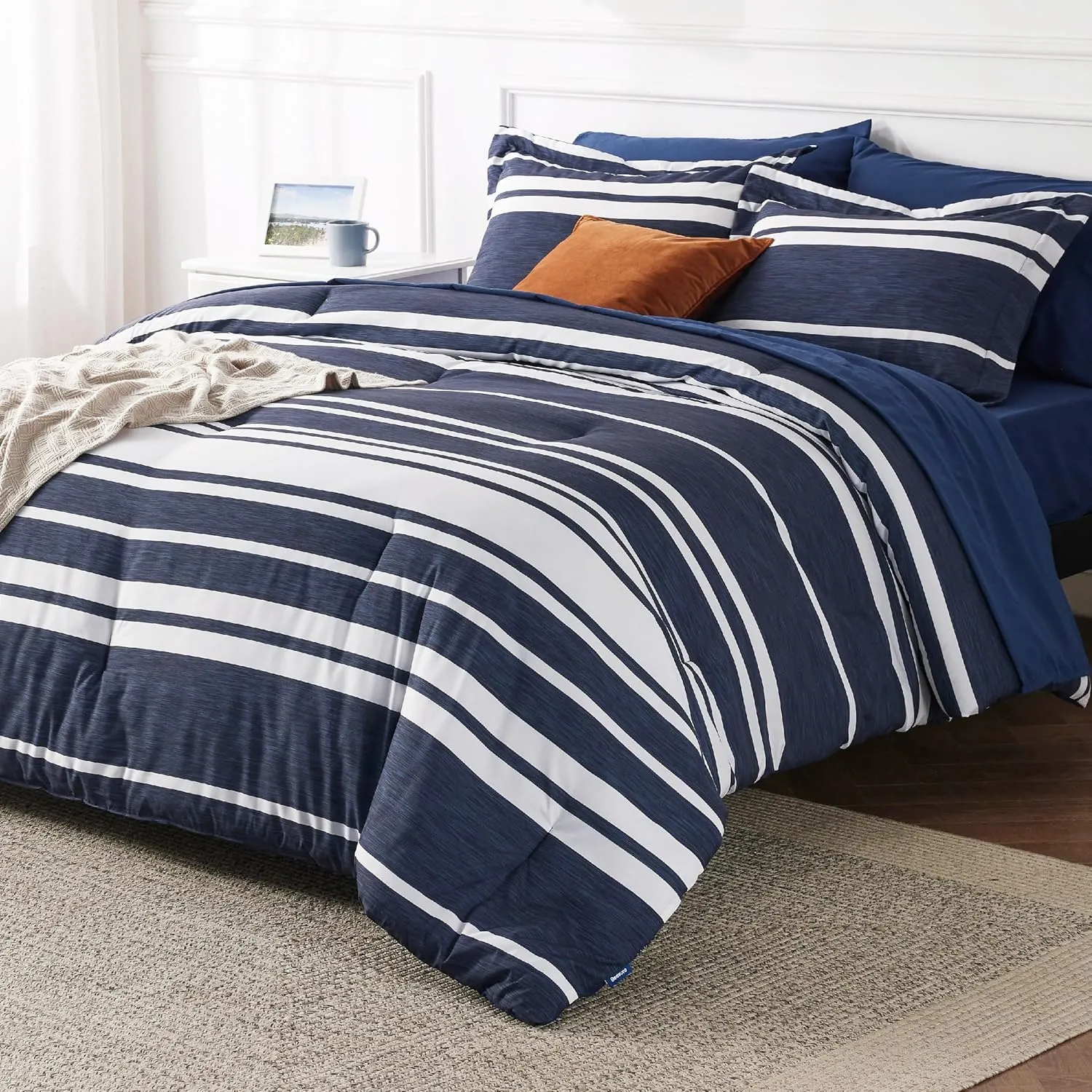 Bedsure Twin XL Comforter Set 5 Pieces, Navy Striped Bedding Set for Twin XL Size Bed Reversible, Cationic Dyeing Bed in a Bag with Comforter, Sheets, Pillowcase & Sham