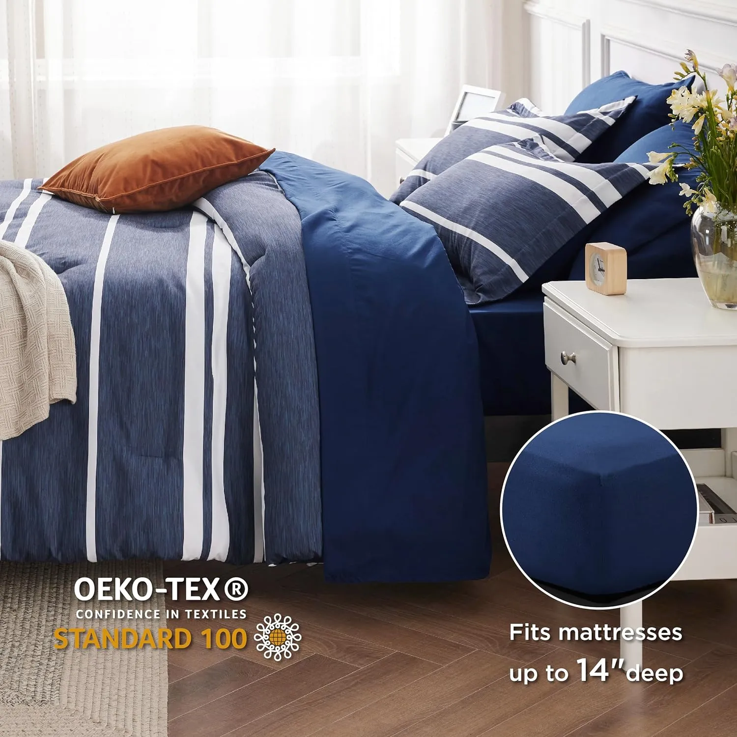 Bedsure Twin XL Comforter Set 5 Pieces, Navy Striped Bedding Set for Twin XL Size Bed Reversible, Cationic Dyeing Bed in a Bag with Comforter, Sheets, Pillowcase & Sham