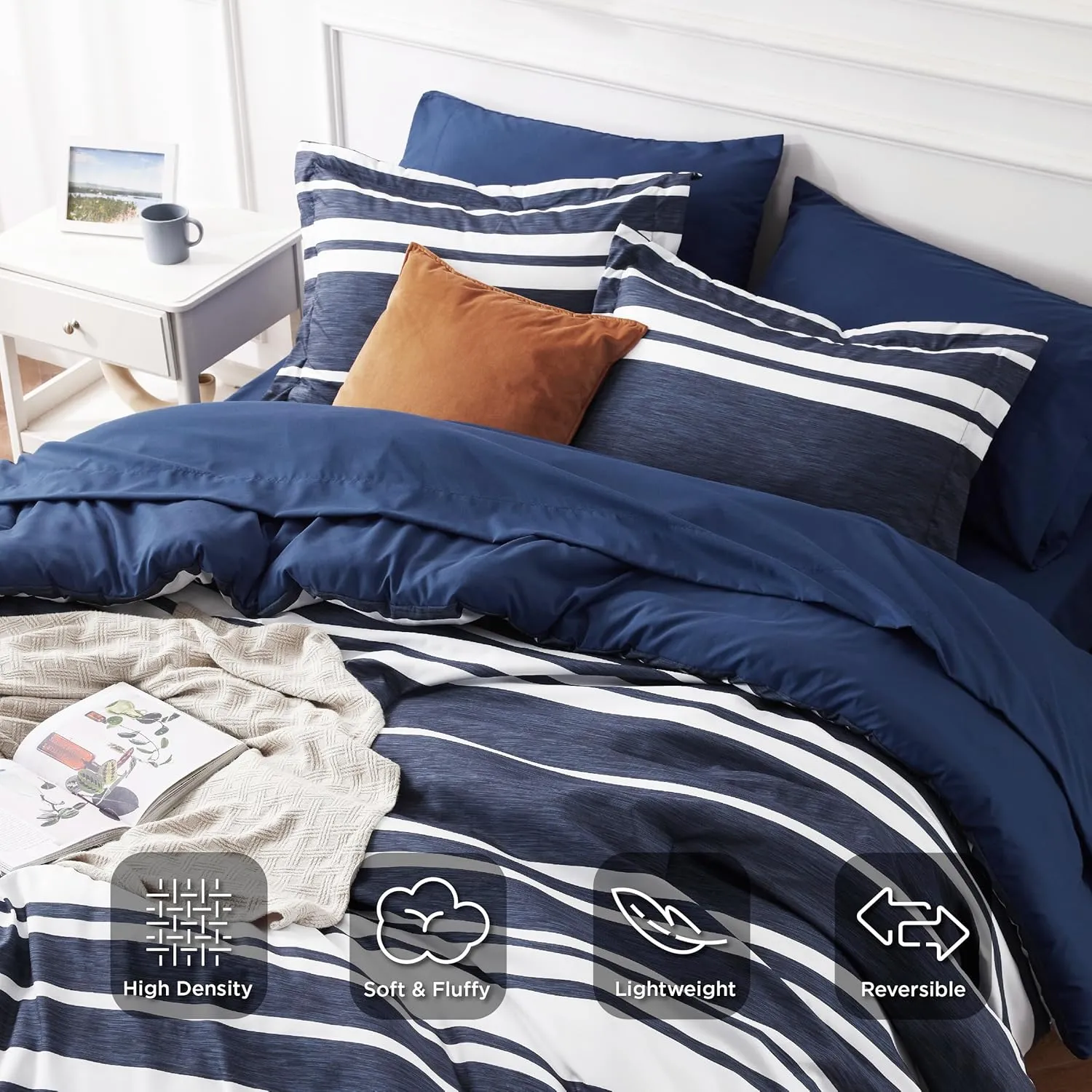 Bedsure Twin XL Comforter Set 5 Pieces, Navy Striped Bedding Set for Twin XL Size Bed Reversible, Cationic Dyeing Bed in a Bag with Comforter, Sheets, Pillowcase & Sham