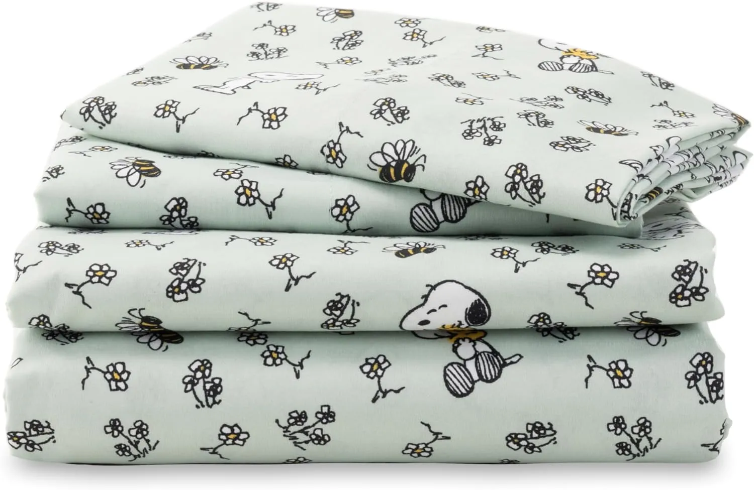 Berkshire Blanket Peanuts® Kids Sheet Set Queen Size - 4 Pieces,Cute Character Snoopy Printed Soft Microfiber Bed Sheets,Mini Snoopy & Woodstock New Flower and Bees Sage