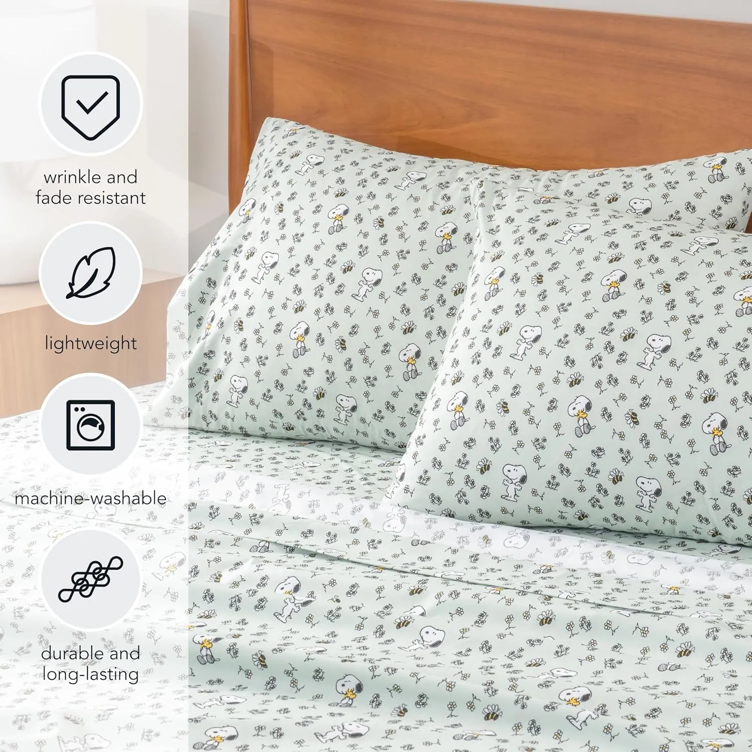 Berkshire Blanket Peanuts® Kids Sheet Set Queen Size - 4 Pieces,Cute Character Snoopy Printed Soft Microfiber Bed Sheets,Mini Snoopy & Woodstock New Flower and Bees Sage