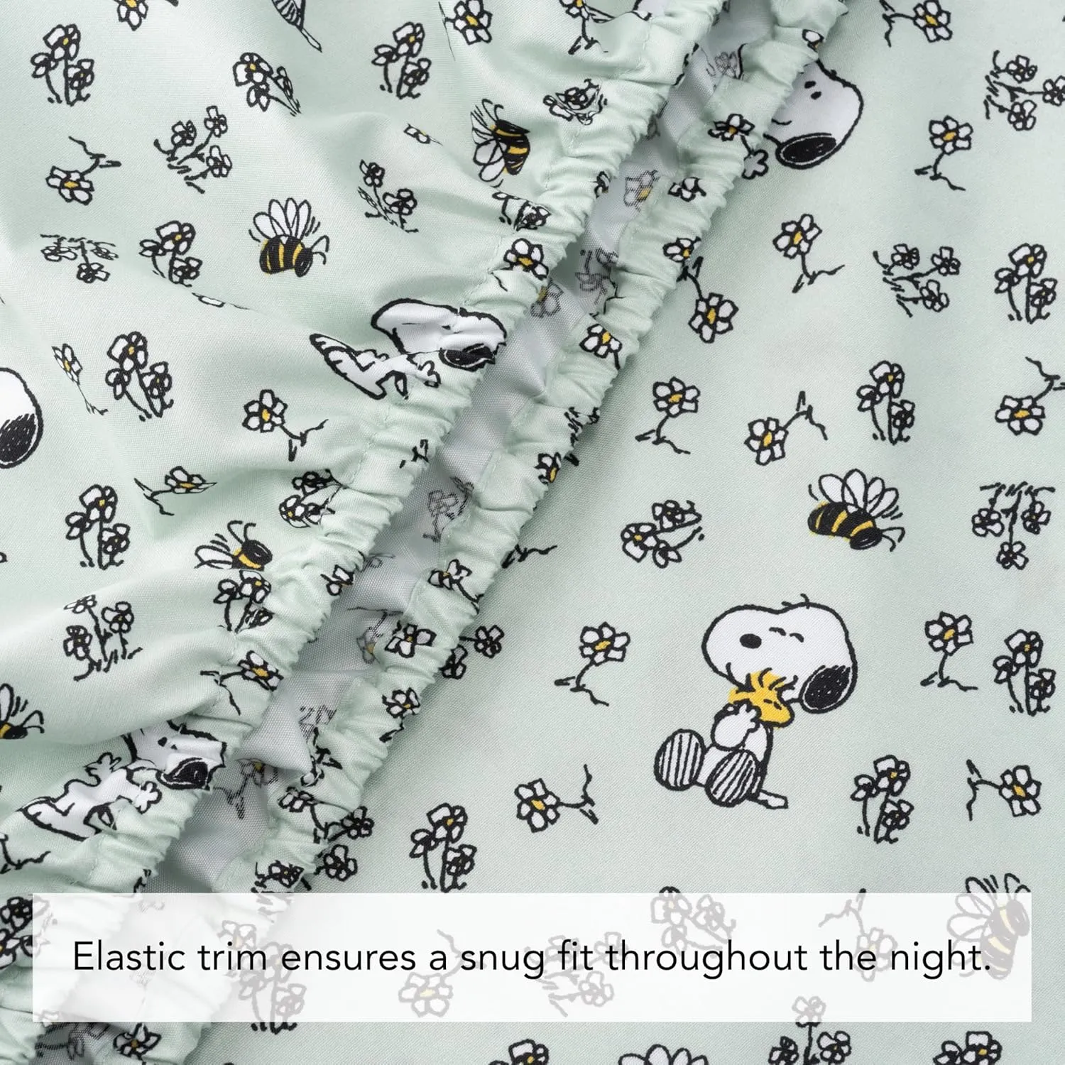 Berkshire Blanket Peanuts® Kids Sheet Set Queen Size - 4 Pieces,Cute Character Snoopy Printed Soft Microfiber Bed Sheets,Mini Snoopy & Woodstock New Flower and Bees Sage