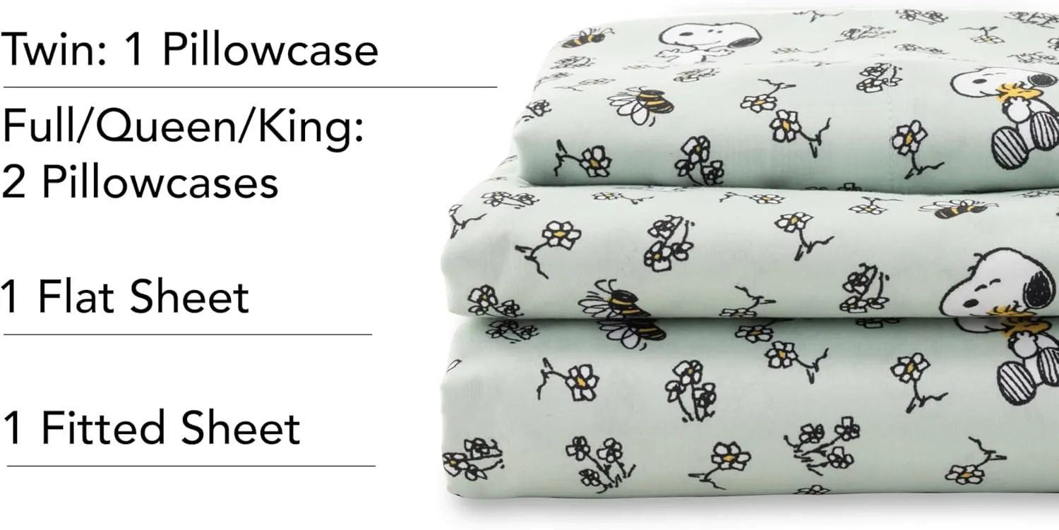 Berkshire Blanket Peanuts® Kids Sheet Set Queen Size - 4 Pieces,Cute Character Snoopy Printed Soft Microfiber Bed Sheets,Mini Snoopy & Woodstock New Flower and Bees Sage