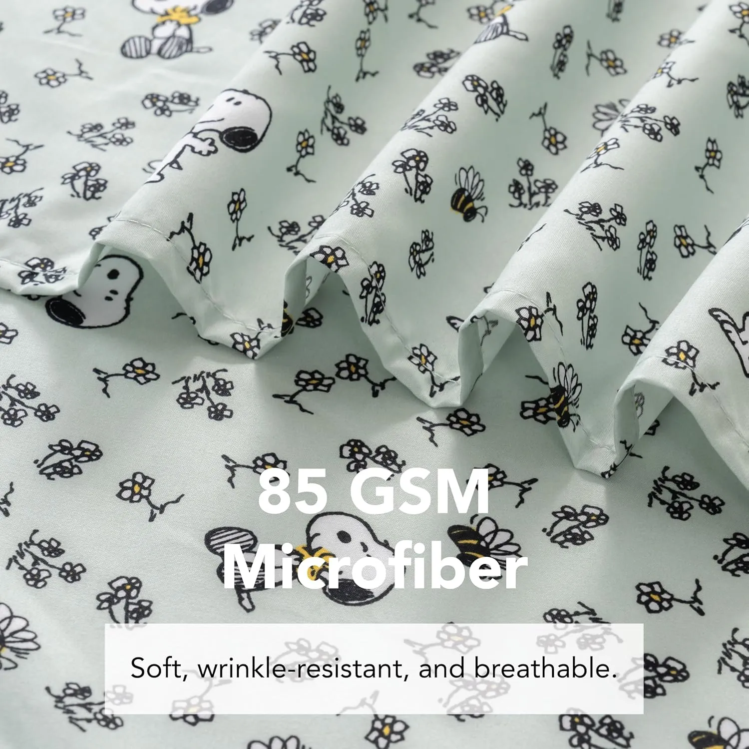 Berkshire Blanket Peanuts® Kids Sheet Set Queen Size - 4 Pieces,Cute Character Snoopy Printed Soft Microfiber Bed Sheets,Mini Snoopy & Woodstock New Flower and Bees Sage