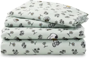 Berkshire Blanket Peanuts® Kids Sheet Set Queen Size - 4 Pieces,Cute Character Snoopy Printed Soft Microfiber Bed Sheets,Mini Snoopy & Woodstock New Flower and Bees Sage
