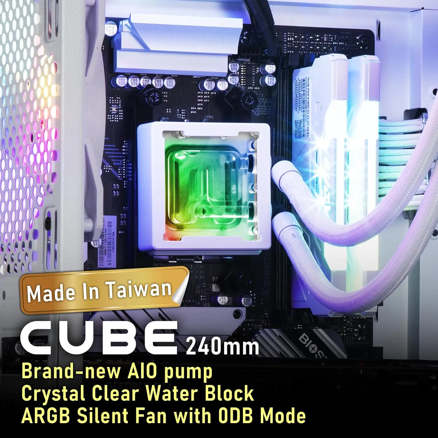 BitFenix Cube AIO ARGB CPU Liquid Cooler 240mm Radiator White, Intel LGA1700/AMD AM5 Ready, Innovative Pump with Lift of 1.8 M/high Efficiency 5500RPM/ Silent 15DB, Made in Taiwan