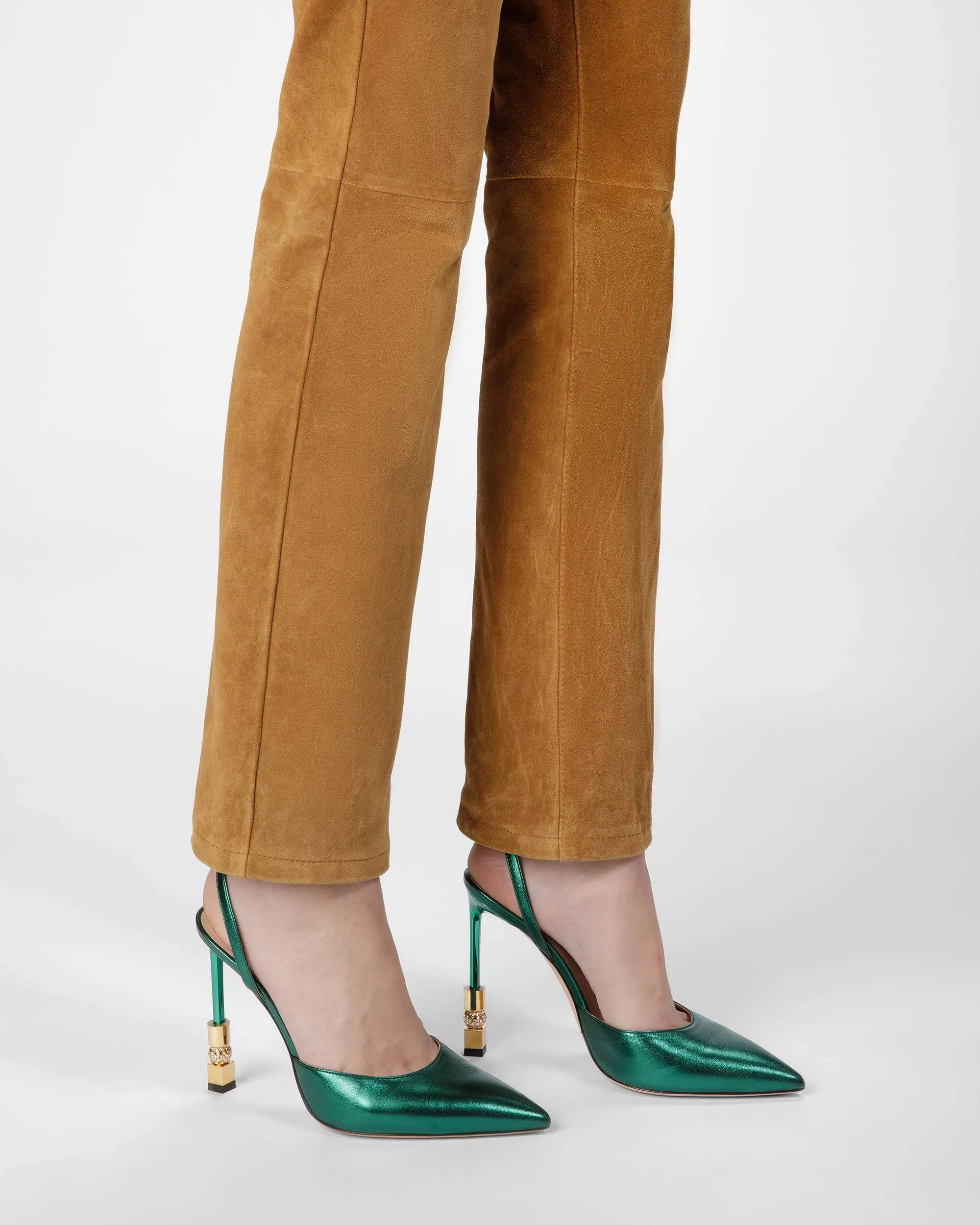 Block Ankle Strap Pump In Metallic Leather