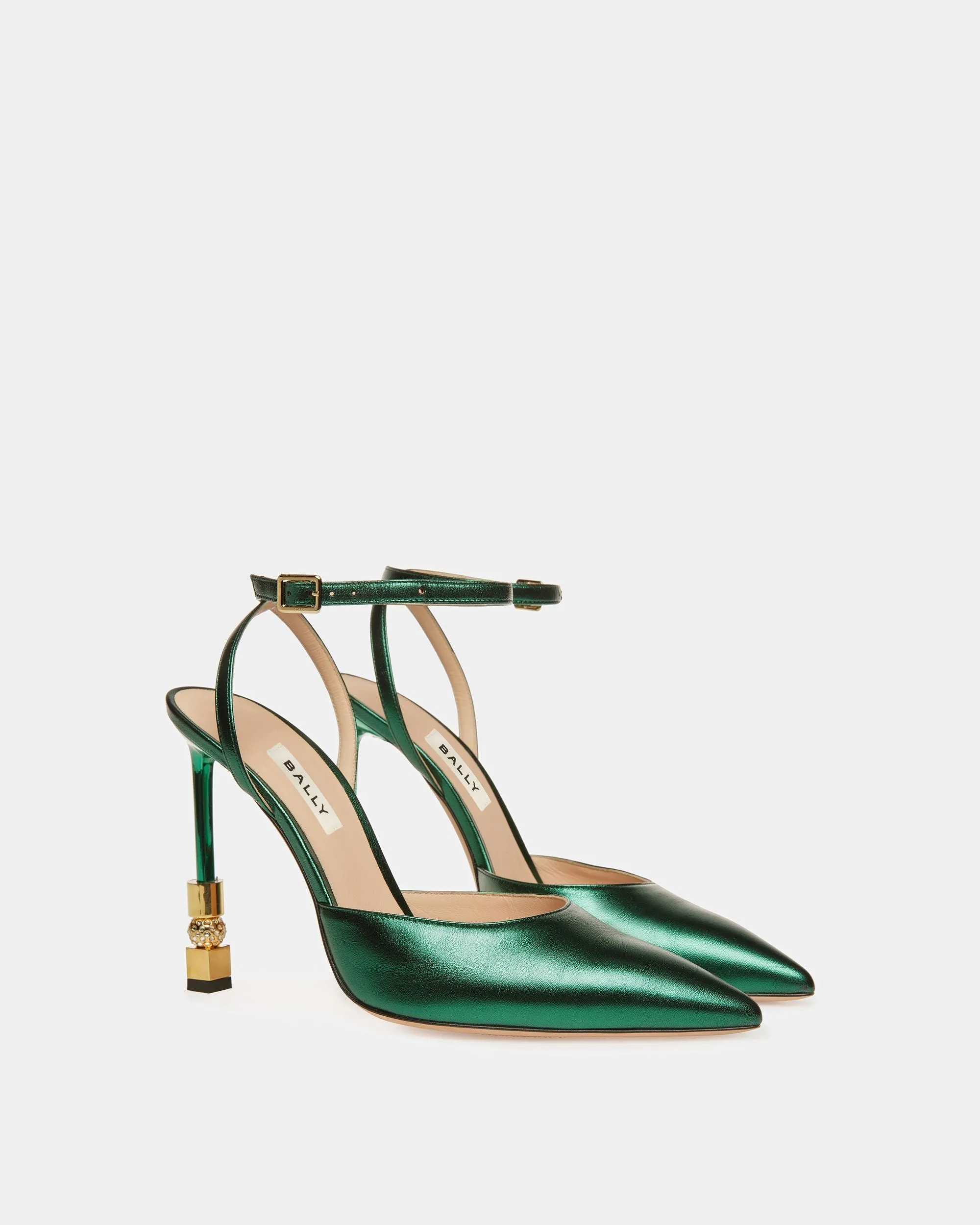 Block Ankle Strap Pump In Metallic Leather
