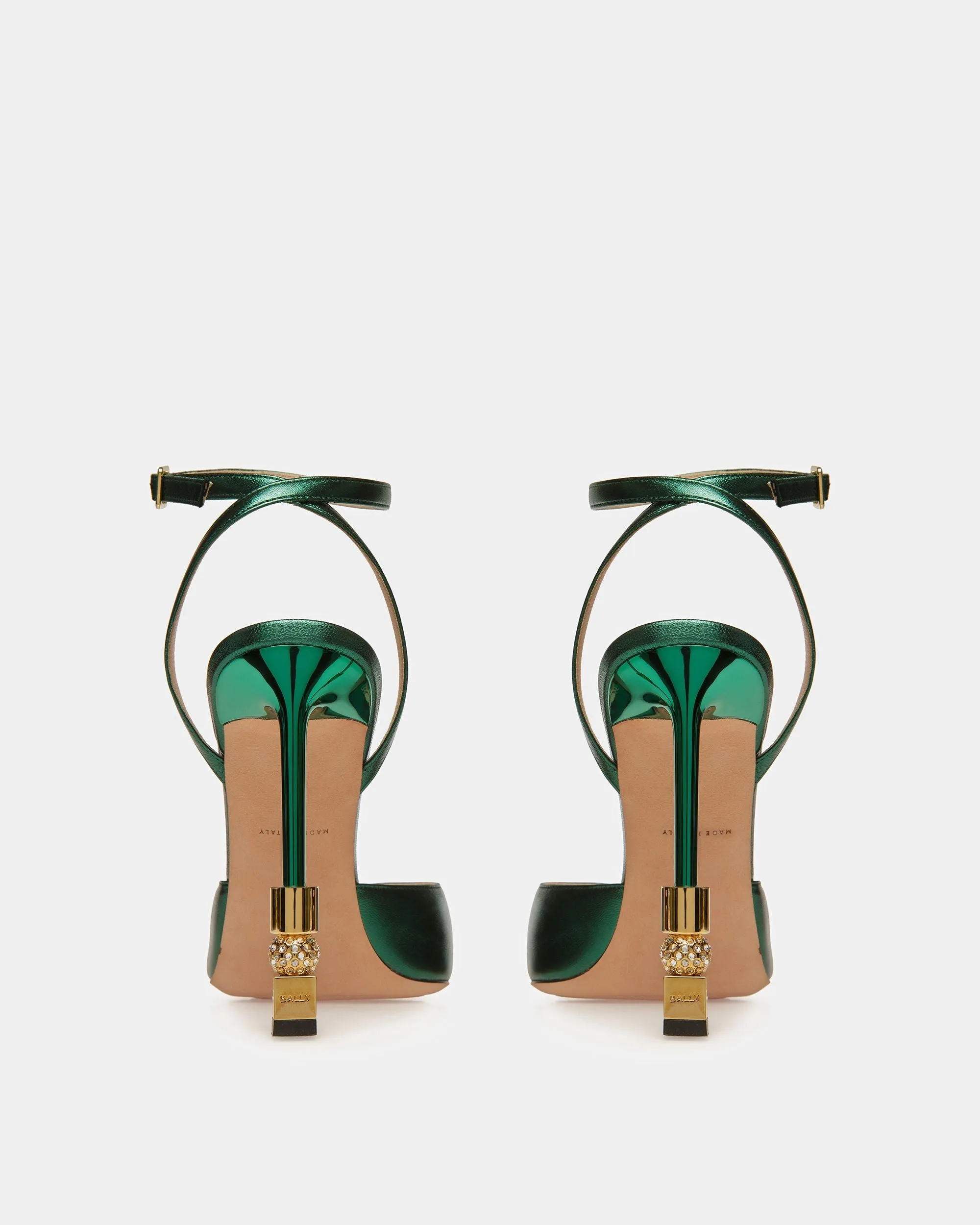 Block Ankle Strap Pump In Metallic Leather