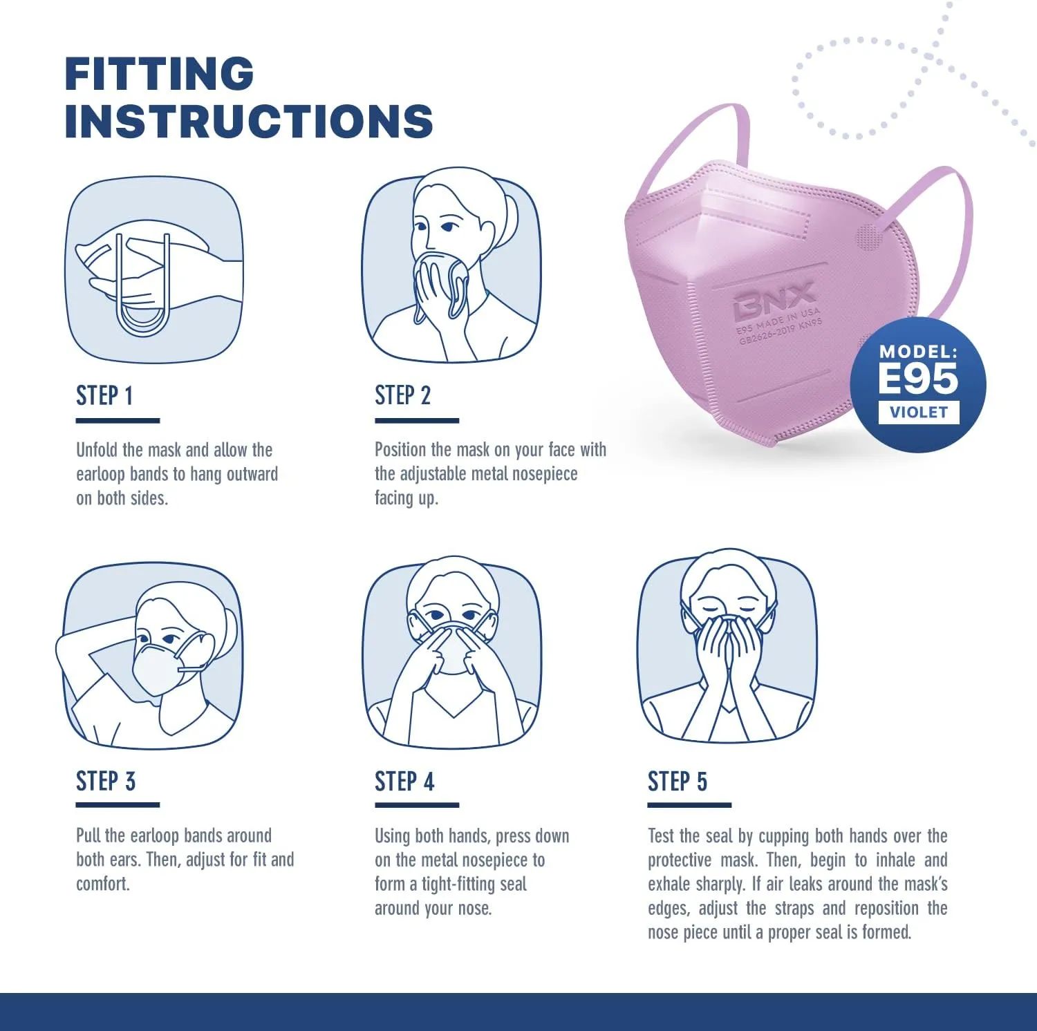 BNX KN95 Face Masks Made in USA (Adult Large, Adult Medium, Kids Small) (Earloop) (Model: E95/E95M/E95S)