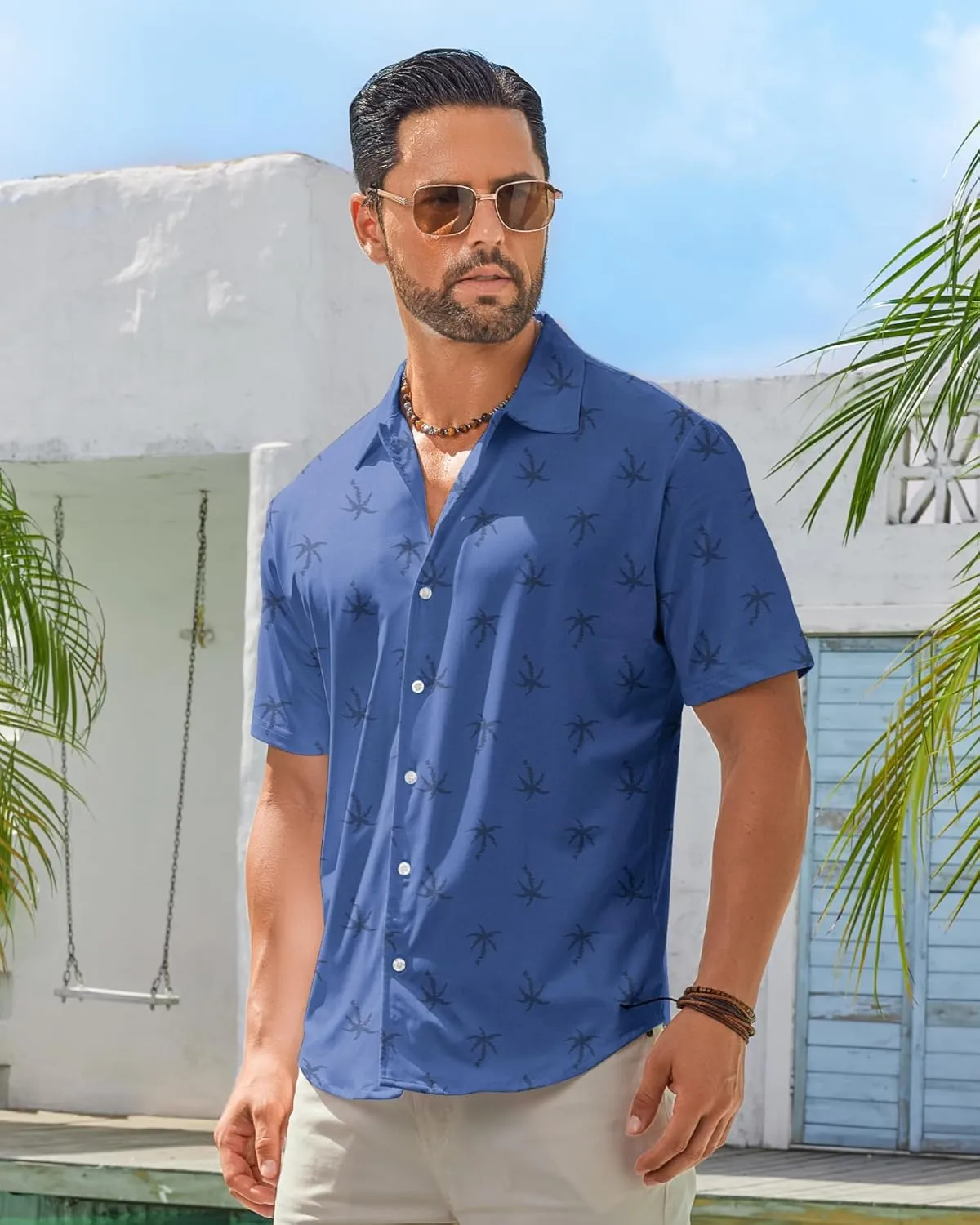 BOJIN Men's Hawaiian Wrinkle Free Short Sleeve Button Down Tropical Floral Beach Vacation Shirt