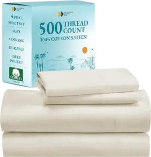 California Design Den Full Size Sheet Set - 100% Cotton, 500 Thread Count Sateen, Cooling Deep Pocket Bed Sheets with Fitted Elastic Sheet, Extra Soft Luxury Hotel Quality - Ivory