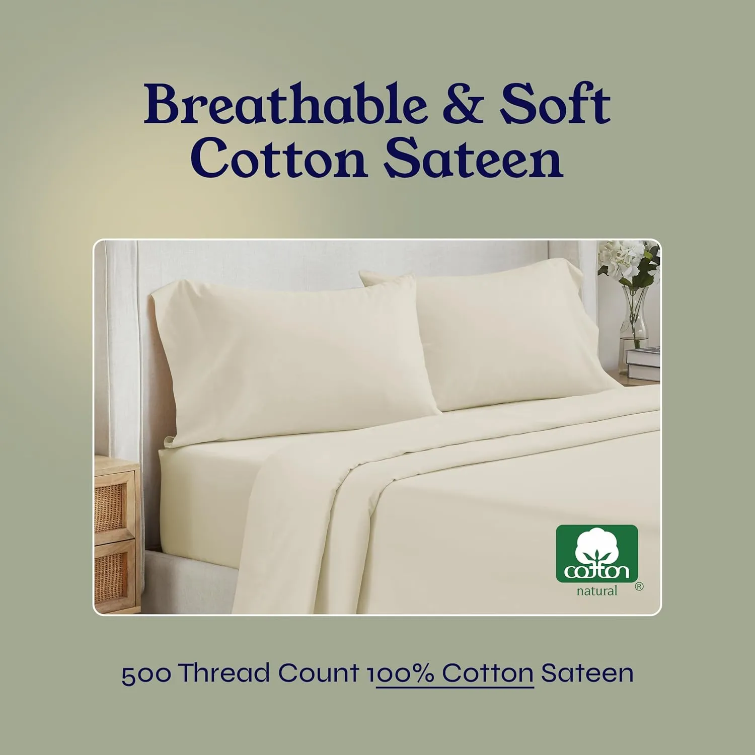 California Design Den Full Size Sheet Set - 100% Cotton, 500 Thread Count Sateen, Cooling Deep Pocket Bed Sheets with Fitted Elastic Sheet, Extra Soft Luxury Hotel Quality - Ivory