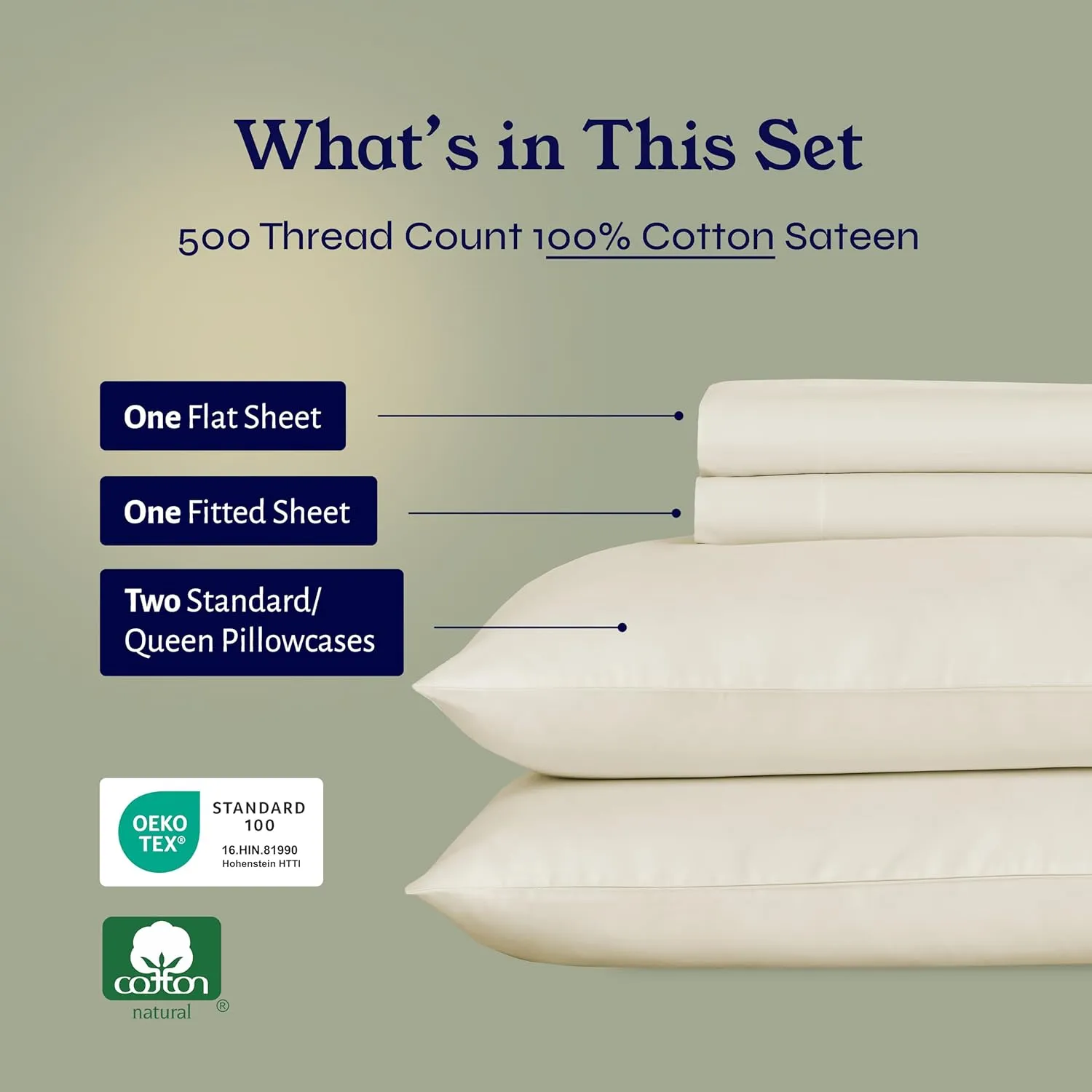 California Design Den Full Size Sheet Set - 100% Cotton, 500 Thread Count Sateen, Cooling Deep Pocket Bed Sheets with Fitted Elastic Sheet, Extra Soft Luxury Hotel Quality - Ivory