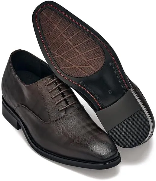 CALTO Men's Invisible Height Increasing Elevator Shoes - Coffee Brown Micro-Perforated Leather Lace-up Formal Dress Oxfords - 3 Inches Taller - Y3521 - Size 10 D(M) US