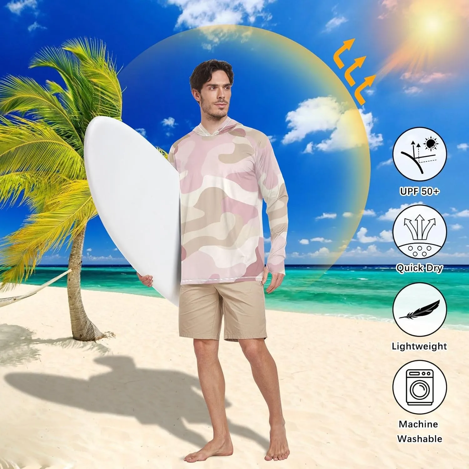 Camouflage Khaki Sun Protection Hoodies Long Sleeve Mens Sun Shirt UPF 50  Fishing Shirtss for Men Rash Guard with Hood