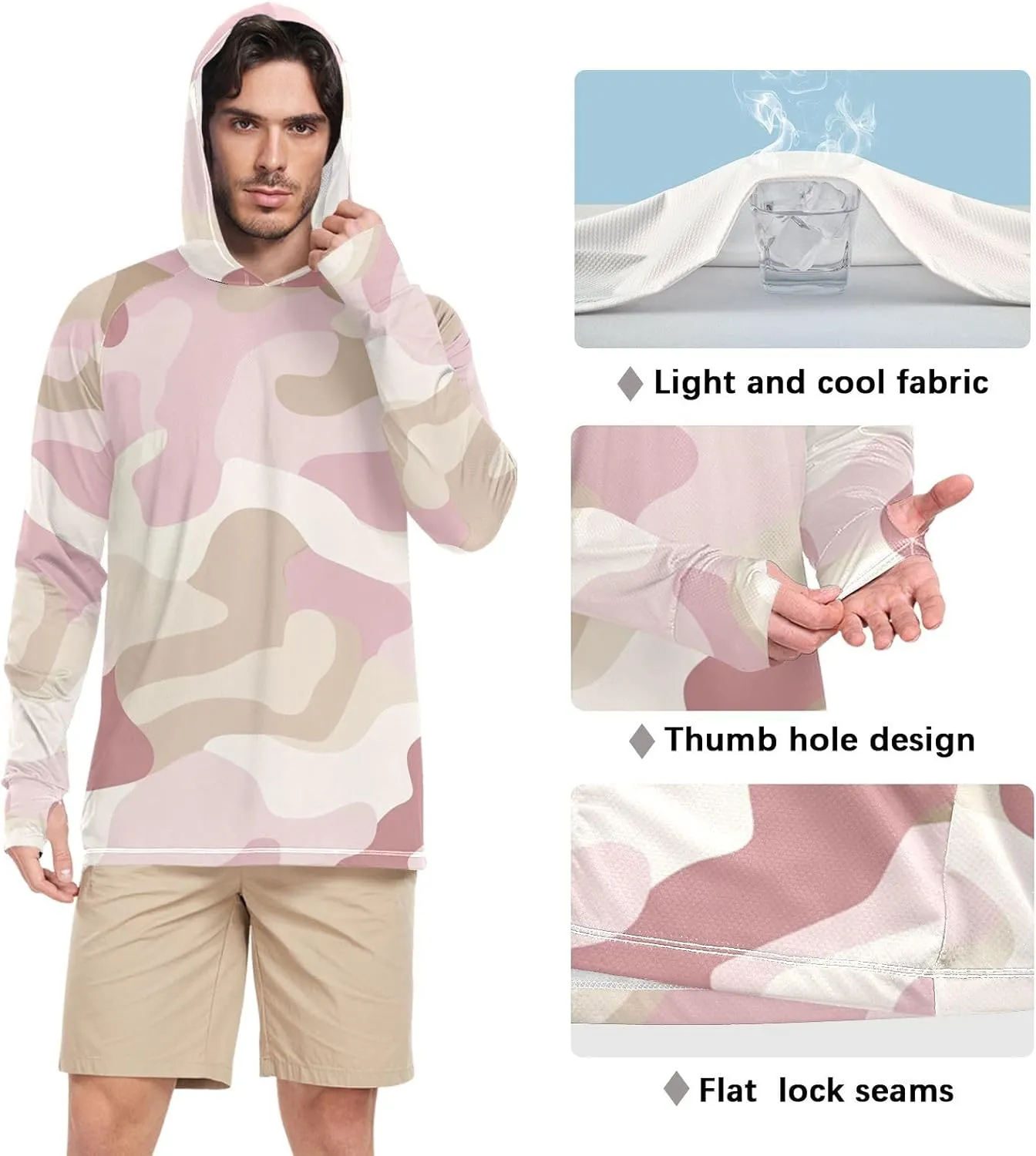 Camouflage Khaki Sun Protection Hoodies Long Sleeve Mens Sun Shirt UPF 50  Fishing Shirtss for Men Rash Guard with Hood