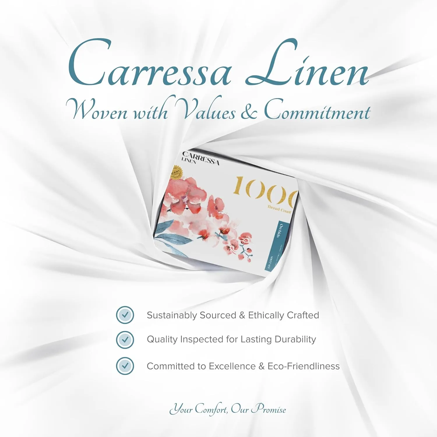 Carressa Linen 100% Egyptian Cotton King White Sheet Set - 1000 Thread Count 4 PC Cotton Sheets for King Size Bed, Soft, Cooling Extra Long Staple Luxury Hotel Sheets - Fits Upto 18” Deep Pocket