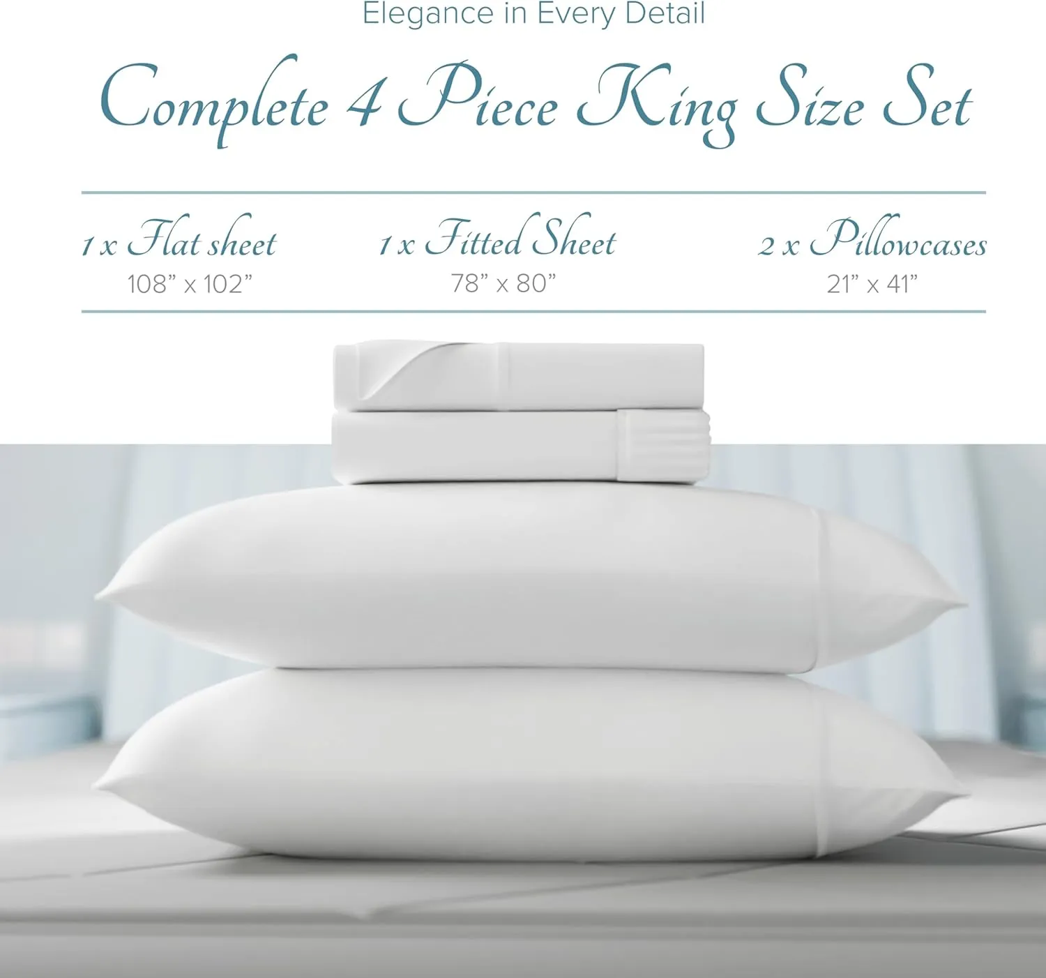 Carressa Linen 100% Egyptian Cotton King White Sheet Set - 1000 Thread Count 4 PC Cotton Sheets for King Size Bed, Soft, Cooling Extra Long Staple Luxury Hotel Sheets - Fits Upto 18” Deep Pocket