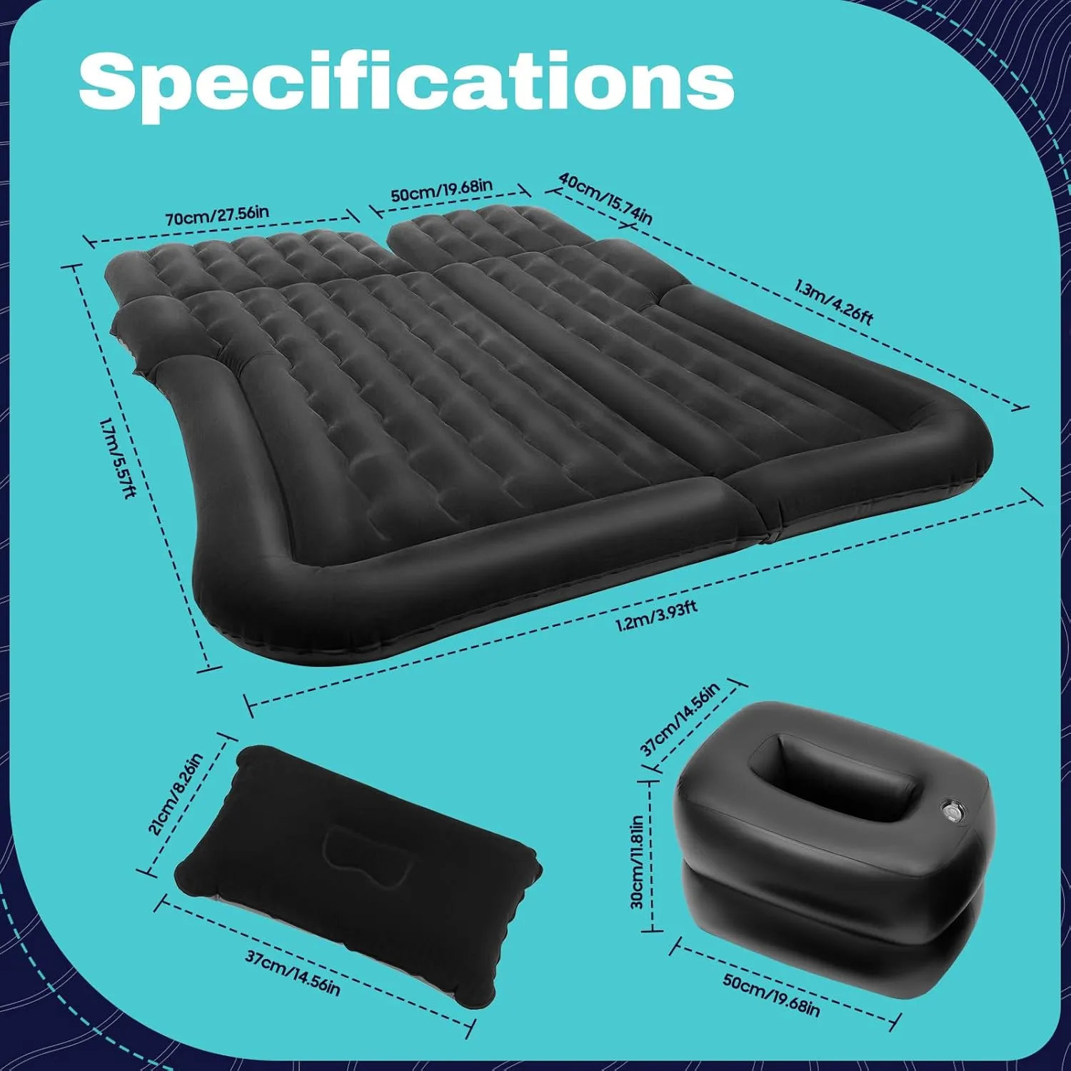 Cars and Truck Air Mattress Back Seat Inflatable Bed Mattress 69 x 51 in,Portable Beds Sleeping Pad Thickened Universal Camping Air Mattress Bed w/ 2 Pillow and Air Pump,for SUV (Black)