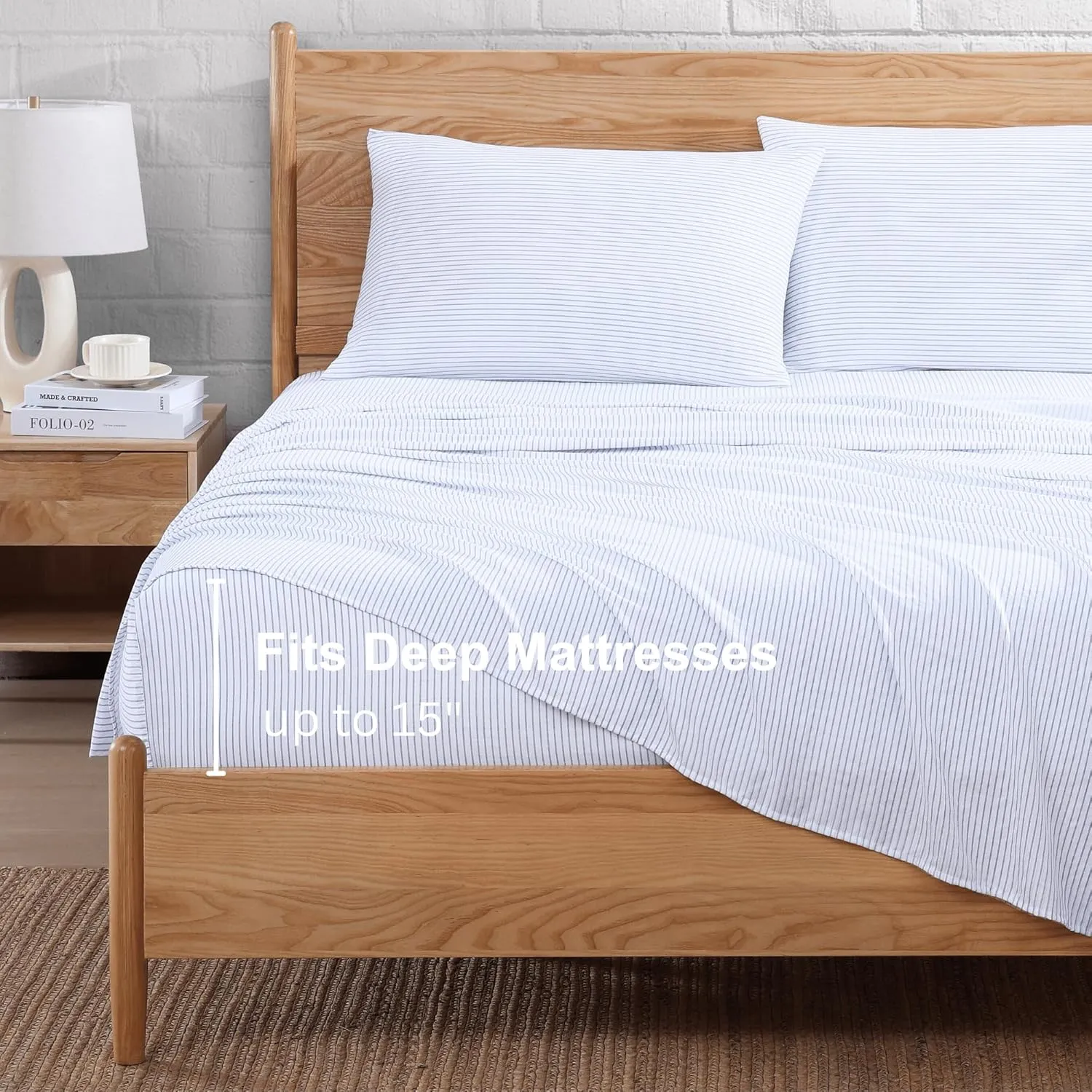 Casa Platino Soft & Breathable Bed Sheets, Pre-Washed Fade Resistant Microfiber Full Size Sheets Set with Deep Pockets - Ticking Stripe Blue