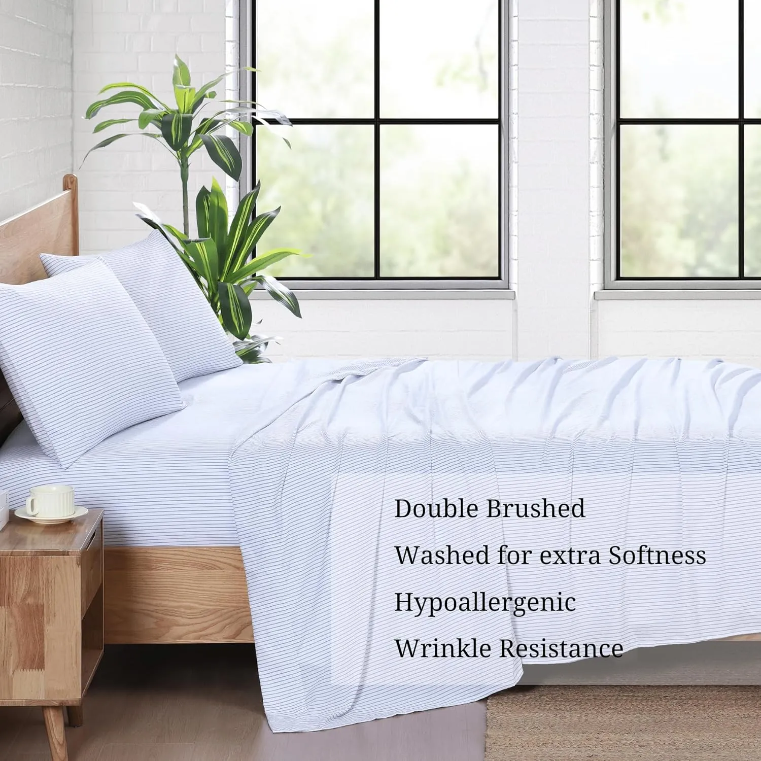 Casa Platino Soft & Breathable Bed Sheets, Pre-Washed Fade Resistant Microfiber Full Size Sheets Set with Deep Pockets - Ticking Stripe Blue