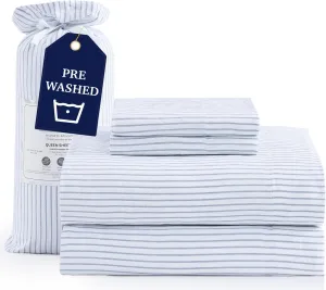 Casa Platino Soft & Breathable Bed Sheets, Pre-Washed Fade Resistant Microfiber Full Size Sheets Set with Deep Pockets - Ticking Stripe Blue