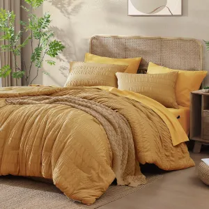 CASAAGUSTO Queen Comforter Set, 7 Pieces Mustard Yellow Seersucker Bed in a Bag Queen Size Soft All Seasons, Bedding Sets with Comforter, Flat Sheet, Fitted Sheet, 2 Pillow Shams, 2 Pillowcases