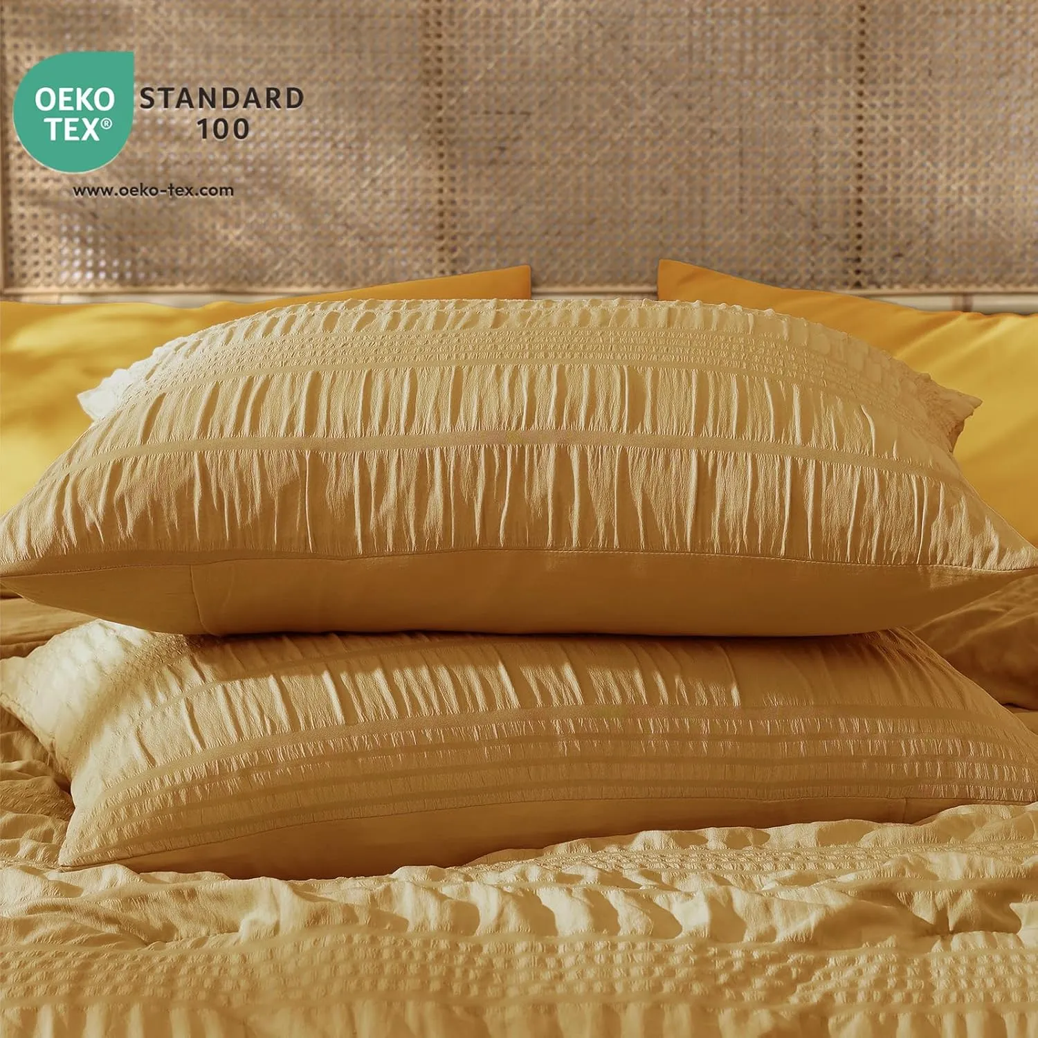 CASAAGUSTO Queen Comforter Set, 7 Pieces Mustard Yellow Seersucker Bed in a Bag Queen Size Soft All Seasons, Bedding Sets with Comforter, Flat Sheet, Fitted Sheet, 2 Pillow Shams, 2 Pillowcases