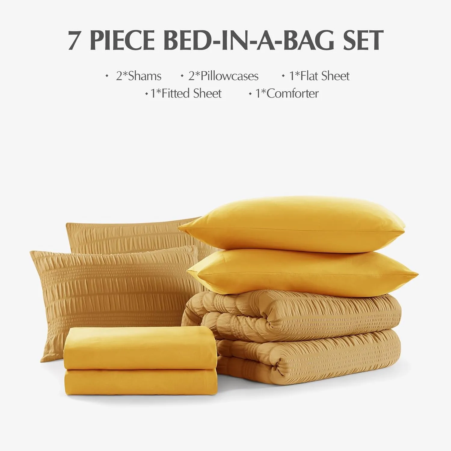CASAAGUSTO Queen Comforter Set, 7 Pieces Mustard Yellow Seersucker Bed in a Bag Queen Size Soft All Seasons, Bedding Sets with Comforter, Flat Sheet, Fitted Sheet, 2 Pillow Shams, 2 Pillowcases